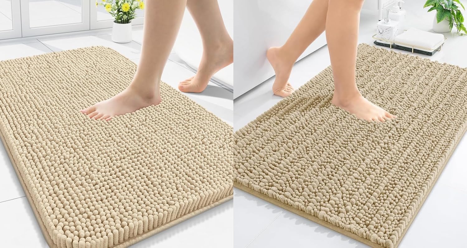 Arotive Chenille Bathroom Rugs, Beige and Luxury Chenille Bathroom Rug Mat, Beige, 30" x 20" + 24" x 16", 2 Item Bundle