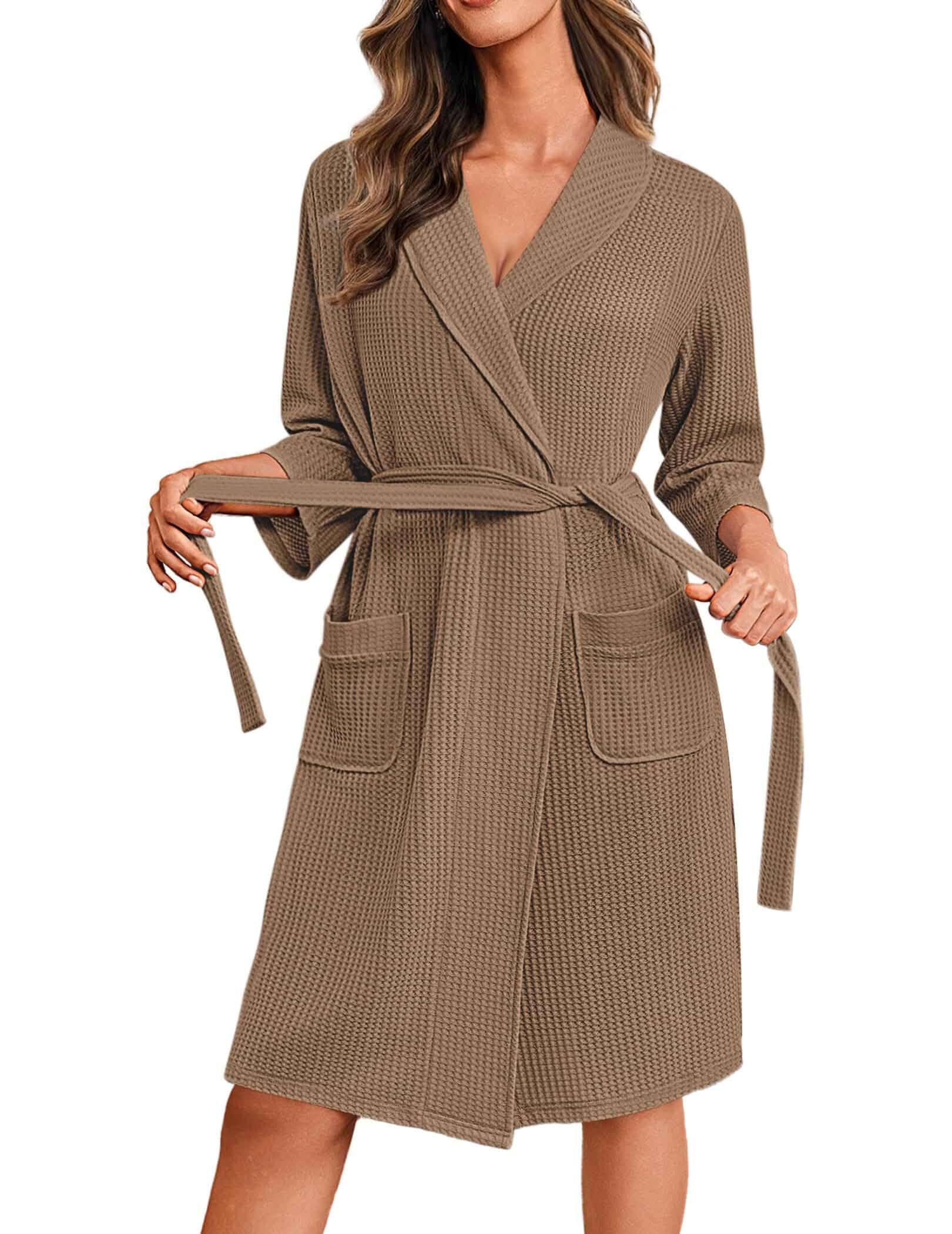 Ekouaer Robes for Women Waffle Knit Kimono Bathrobe Loungewear with Pockets Knee Length Maternity Robe, Lightweight Soft Comfy Fabric, Floral Print Ladies House Coat