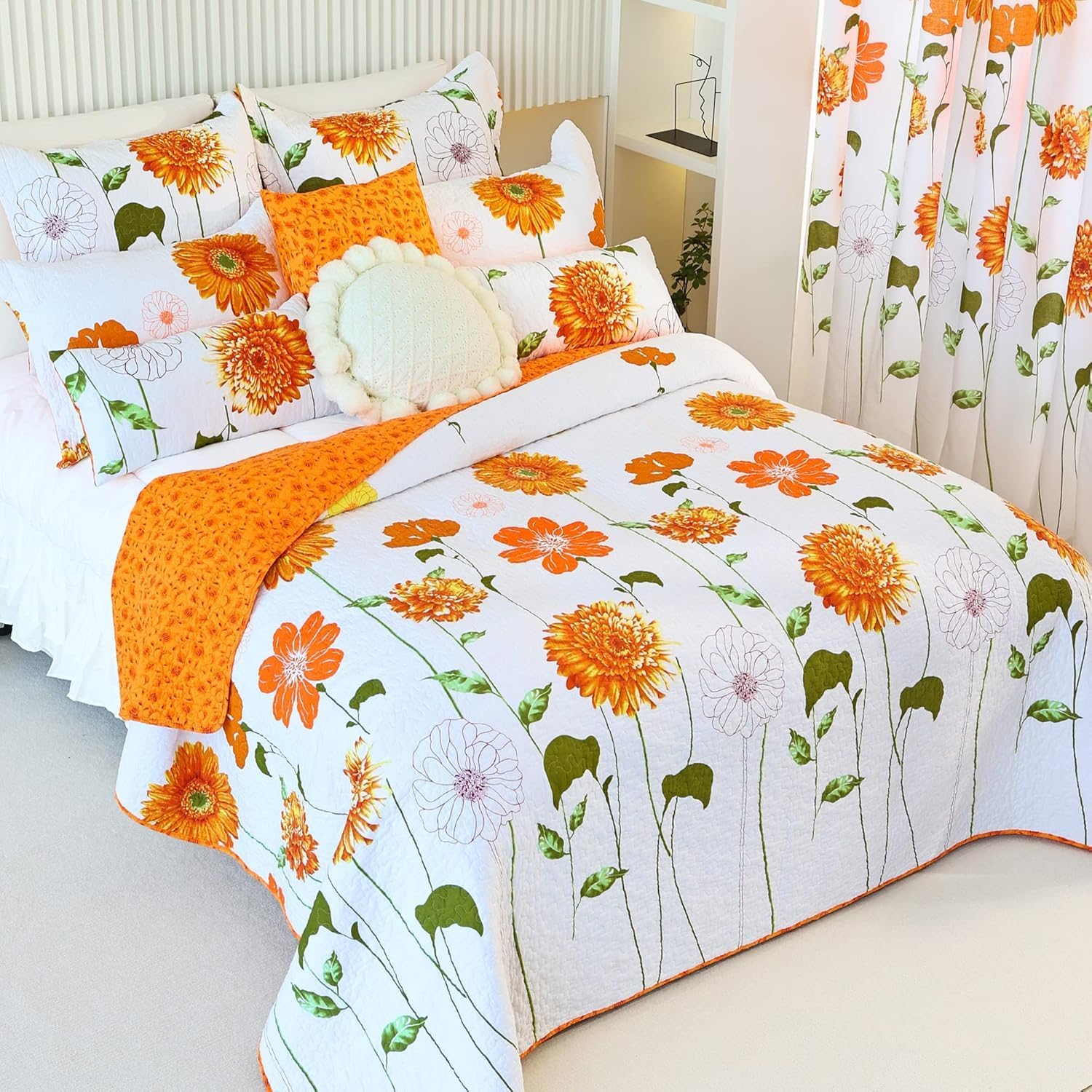 EVENHUG 100% Cotton Quilt Set Queen Size Orange Sunflower Floral Bedding Sets with Pillow Shams Breathable Lightweight Bedspreads Coverlet for All Season 3 Piece (92"x96")
