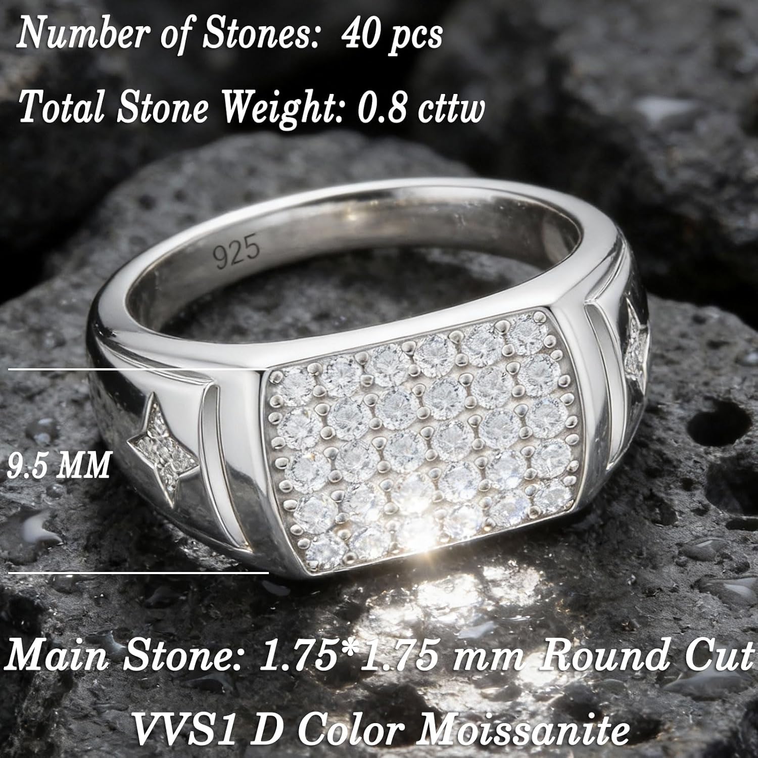 D Color VVS1 Moissanite Rings for Men 925 Sterling Silver Double Stars Round Cut Mens Wedding Band Promise Size 11 - Image 4