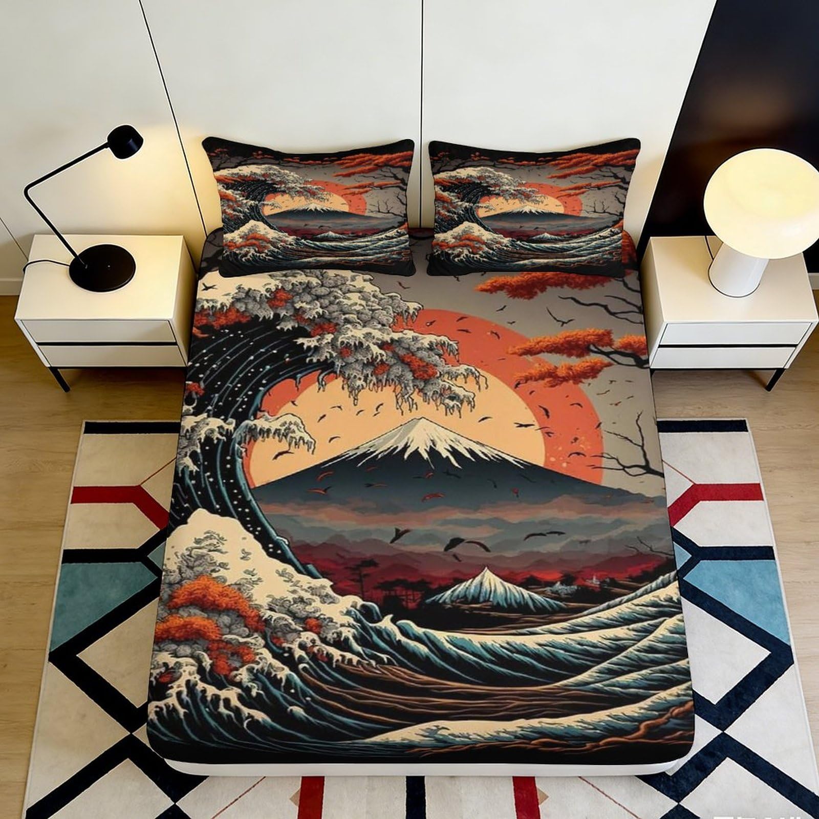 3D Printed Japanese Sunset Fitted Sheet Microfiber Artistic Mount Fuji Wave Mattress Cover for Bedroom Decor 90x200x25cm