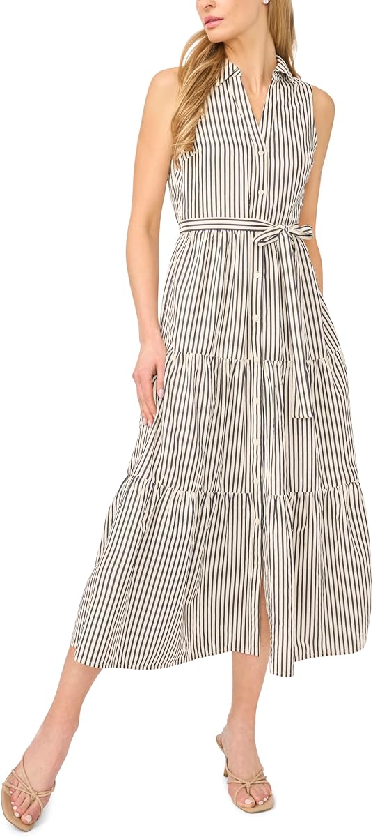 CeCe Women's Stripped Sleeveless Collared Button Down Midi Dress