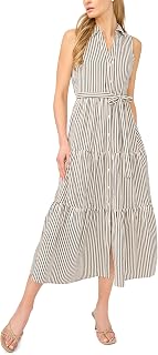 CeCe Women's Stripped Sleeveless Collared Button Down Midi Dress