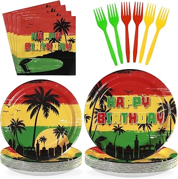 96Pcs Reggae Birthday Party Supplies Juneteenth Plates and Napkins Tableware Sets Black History Month Decorations for Summer African Hawaiian Jamaica Rastafari Festival Party Favors Serves 24