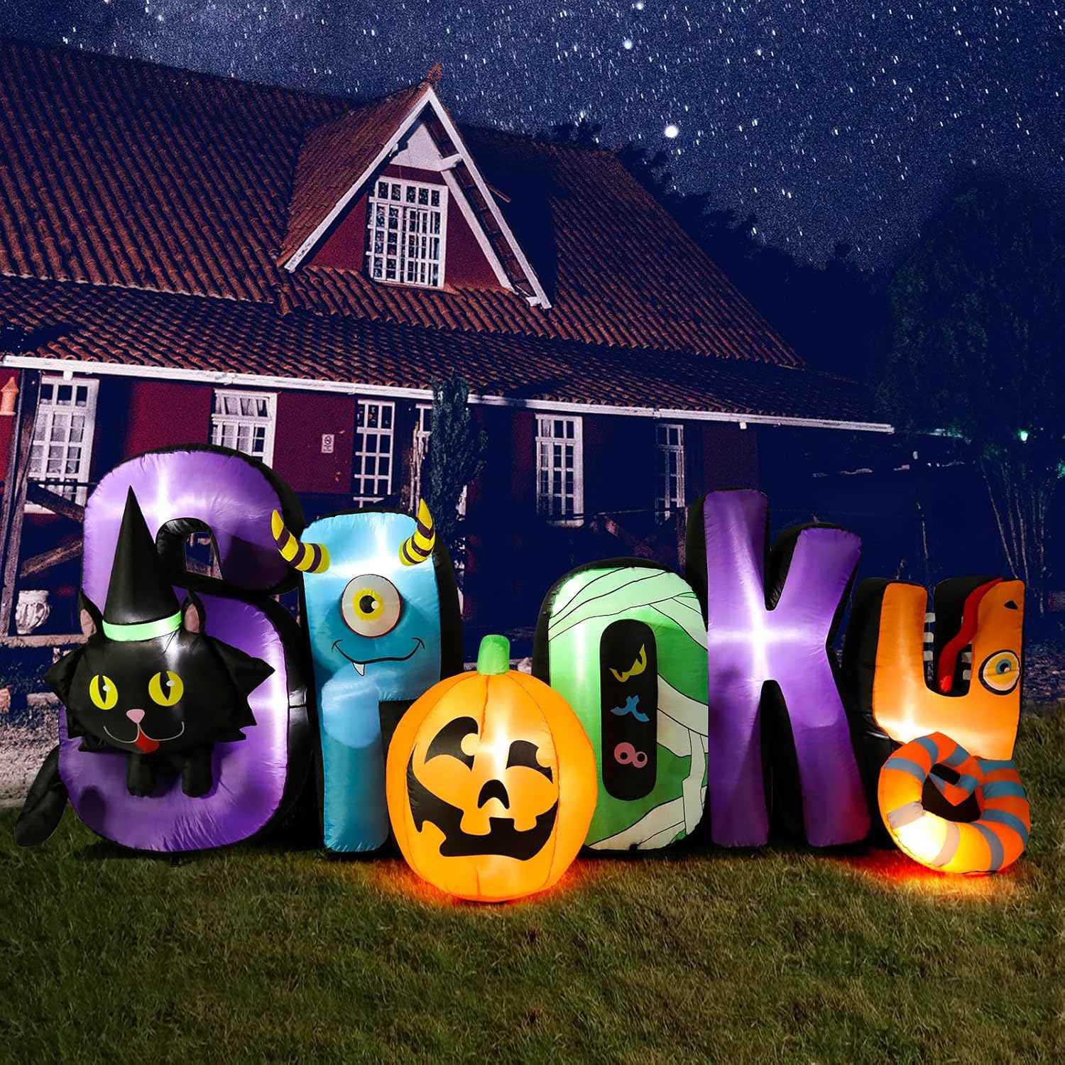 MUMTOP 8.85 Ft Long Inflatable Outdoor Halloween Decoration, Inflatables Spooky Sign with Black Cat Halloween Pumpkin Decorations Blow Up with Built-in LED Lights for Yard Party Holiday Garden Decor