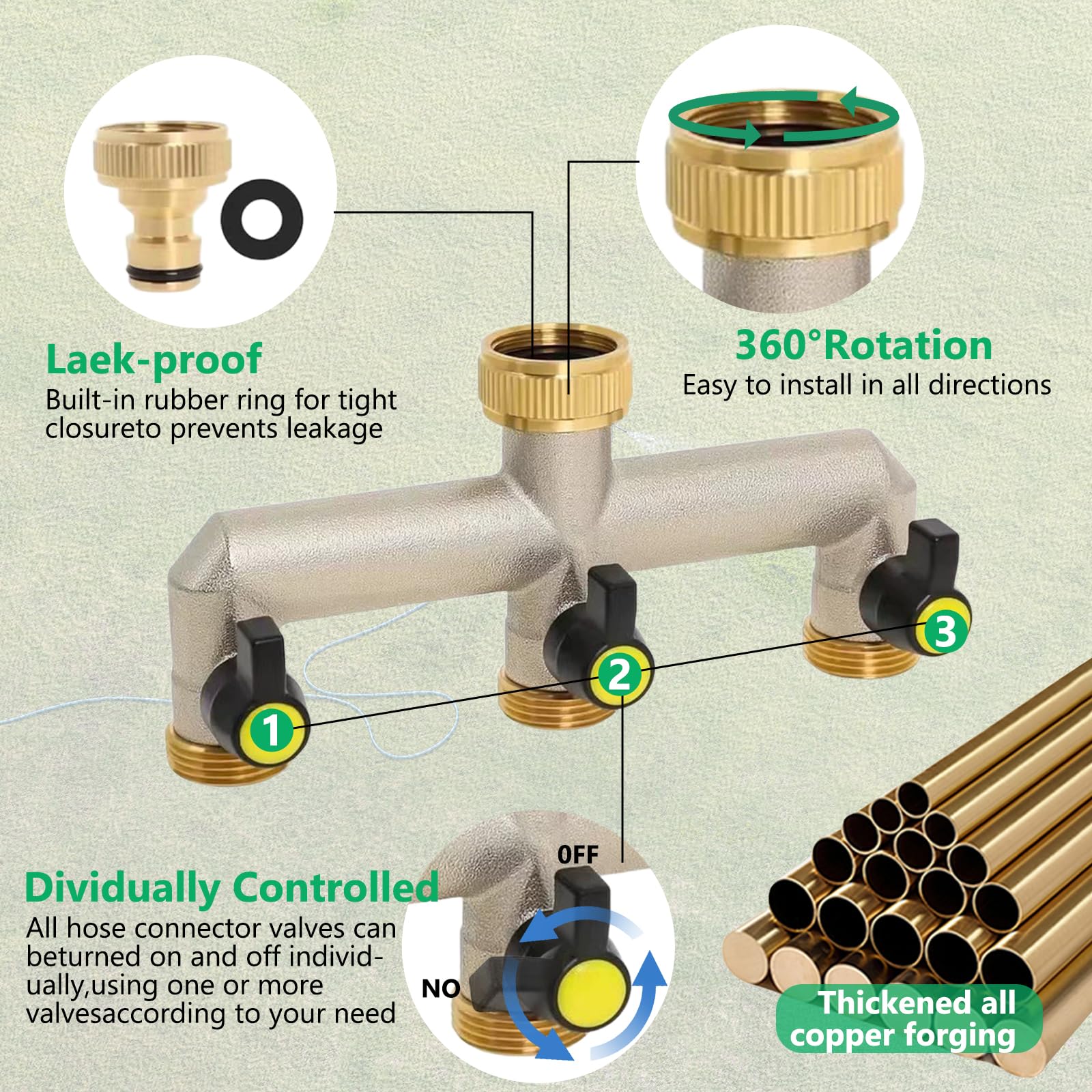 Sdoppiatore Rubinetto Giardino 3 Vie in Ottone, 3/4" Connettore per Tubo Irrigazione da Esterno con Valvole di Apertura/Chiusura Indipendenti, Raccordi Adattatori per Rubinetto Lavatrice