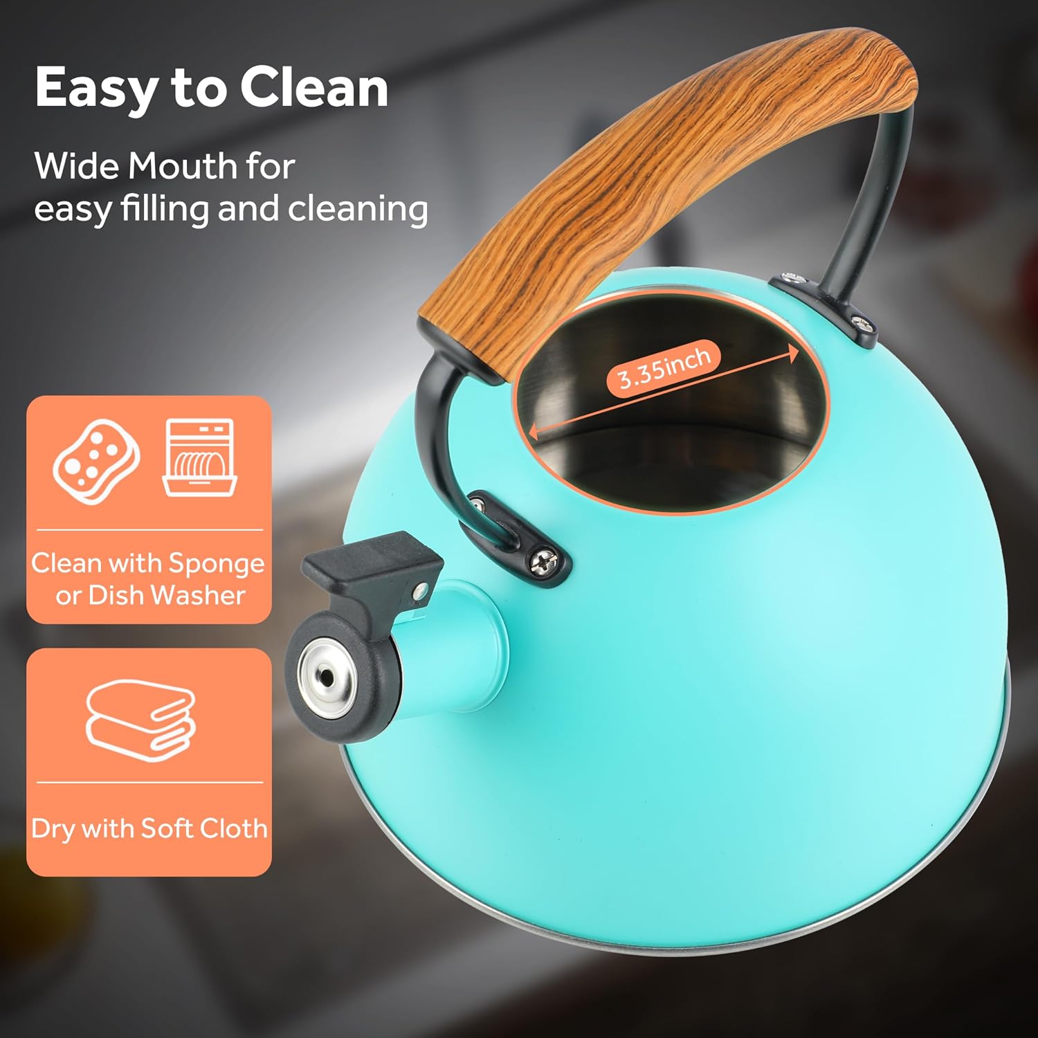 YSSOA Whistling Stovetop Tea Kettle, 3.2 Quart Stainless Steel Teapot with Cool Touch Ergonomic Handle, Hot Water Fast to Boil, Blue