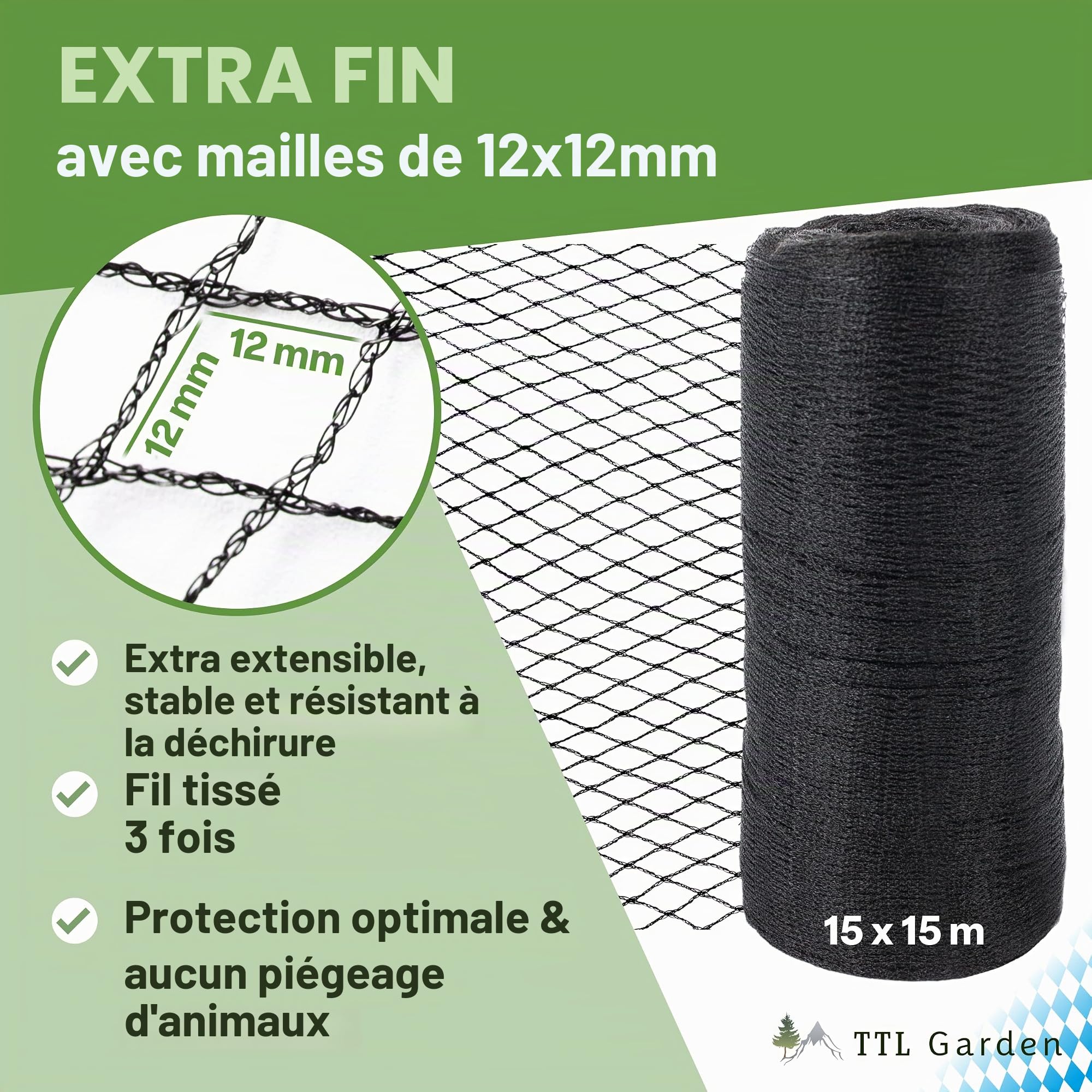 TTL Garden - Filet de protection contre les oiseaux - 15 x 15 m - Noir - 30 g/m² - 12 x 12 mm - Maille fine - En polyéthylène haute densité - Filet de protection pour arbres fruitiers - Filet