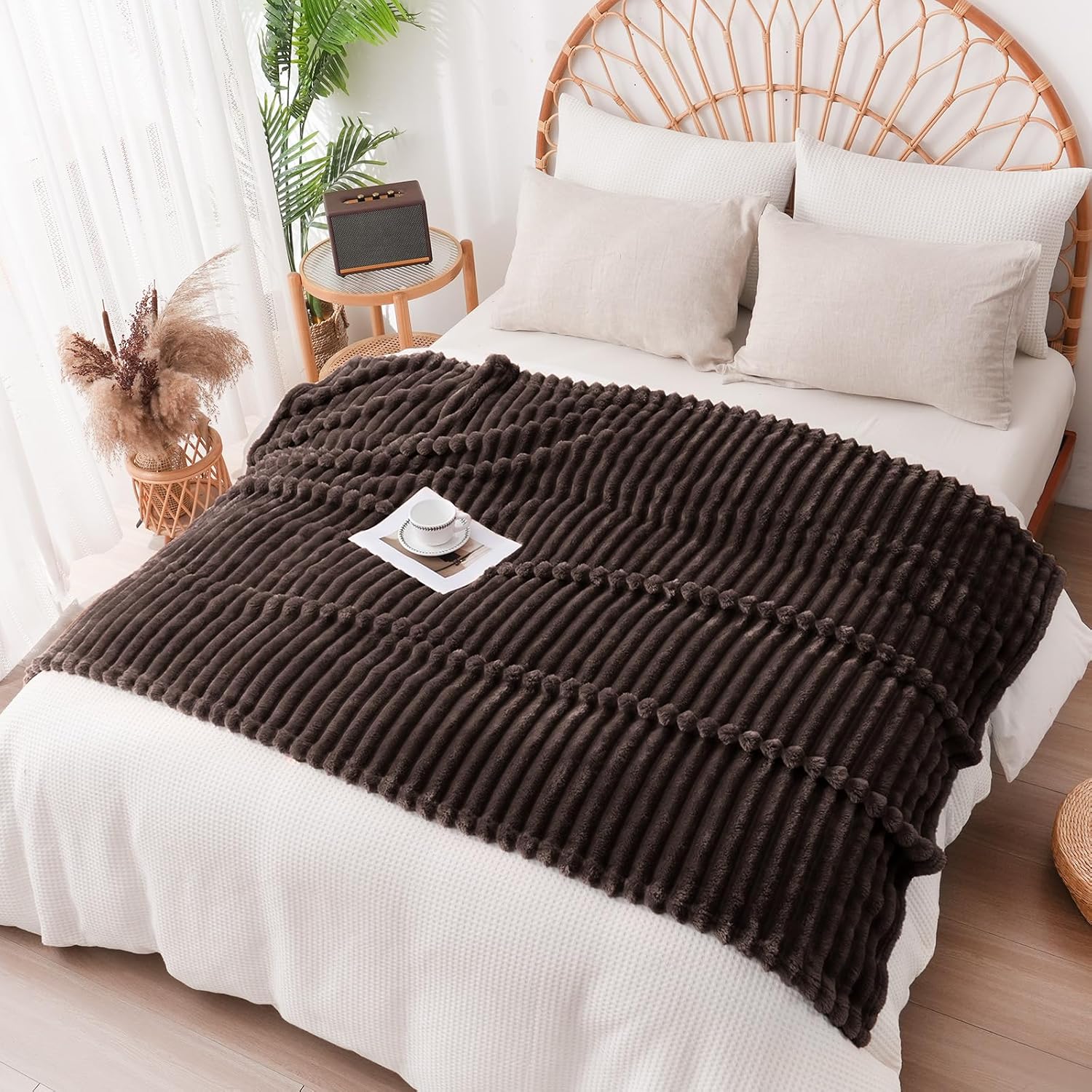 Vessia Flannel Fleece Throw Blanket for Couch,Sofa,Bed, 300GSM Striped Brown Throw Blanket for Adults and Kids, Super Soft Warm Cozy Lightweight Home Decor for All-Season(50x70inch) - Image 5