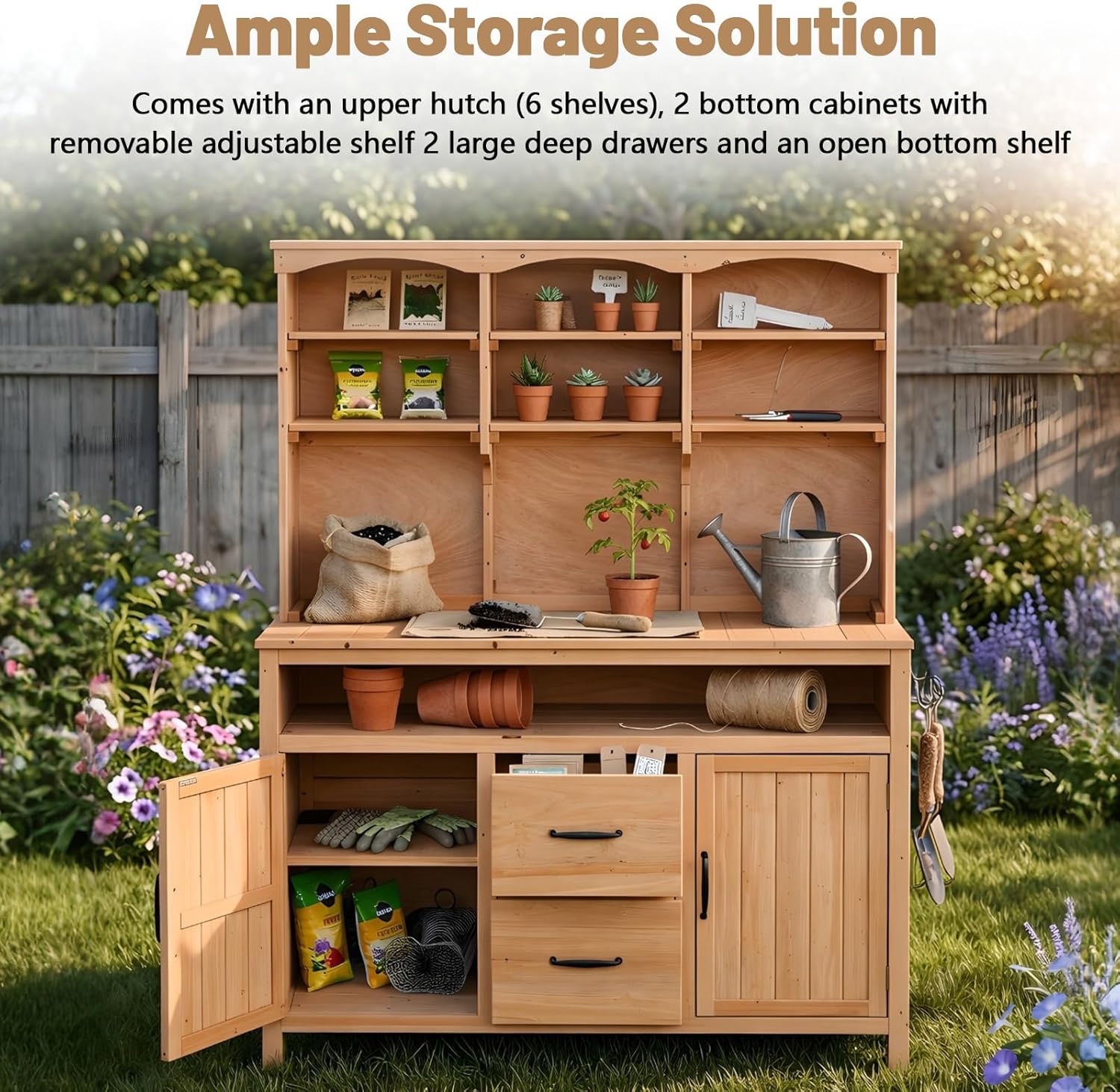 Wooden Potting Bench with Storage, Large Outdoor Garden Workstation Table with Hutch, Cabinets & Drawers, Multi-Functional Patio Kitchen Prep Table for Gardening & Outdoor Use (Natural Wood)