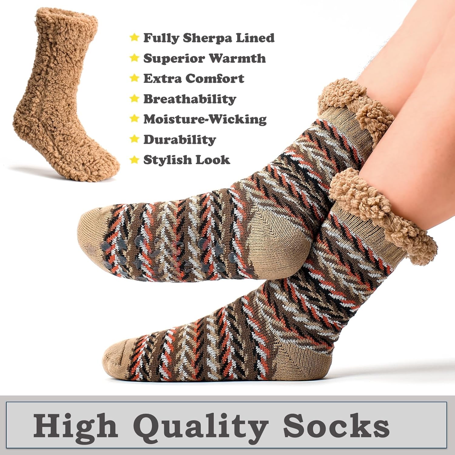 Men's Slipper Socks with Non-Slip Grippers, Thermal Fuzzy Warm Sherpa Lining, Cozy Gifts - Image 4
