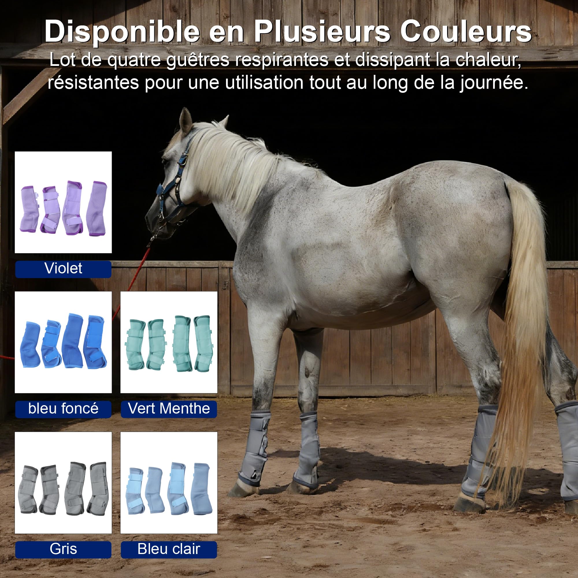 Ghette anti-mosche per cavalli, set di 4 pezzi, riducono i colpi di zampe, velcros rinforzati, rete traspirante, non sfregano, per pascolo e stalla, grigio largo