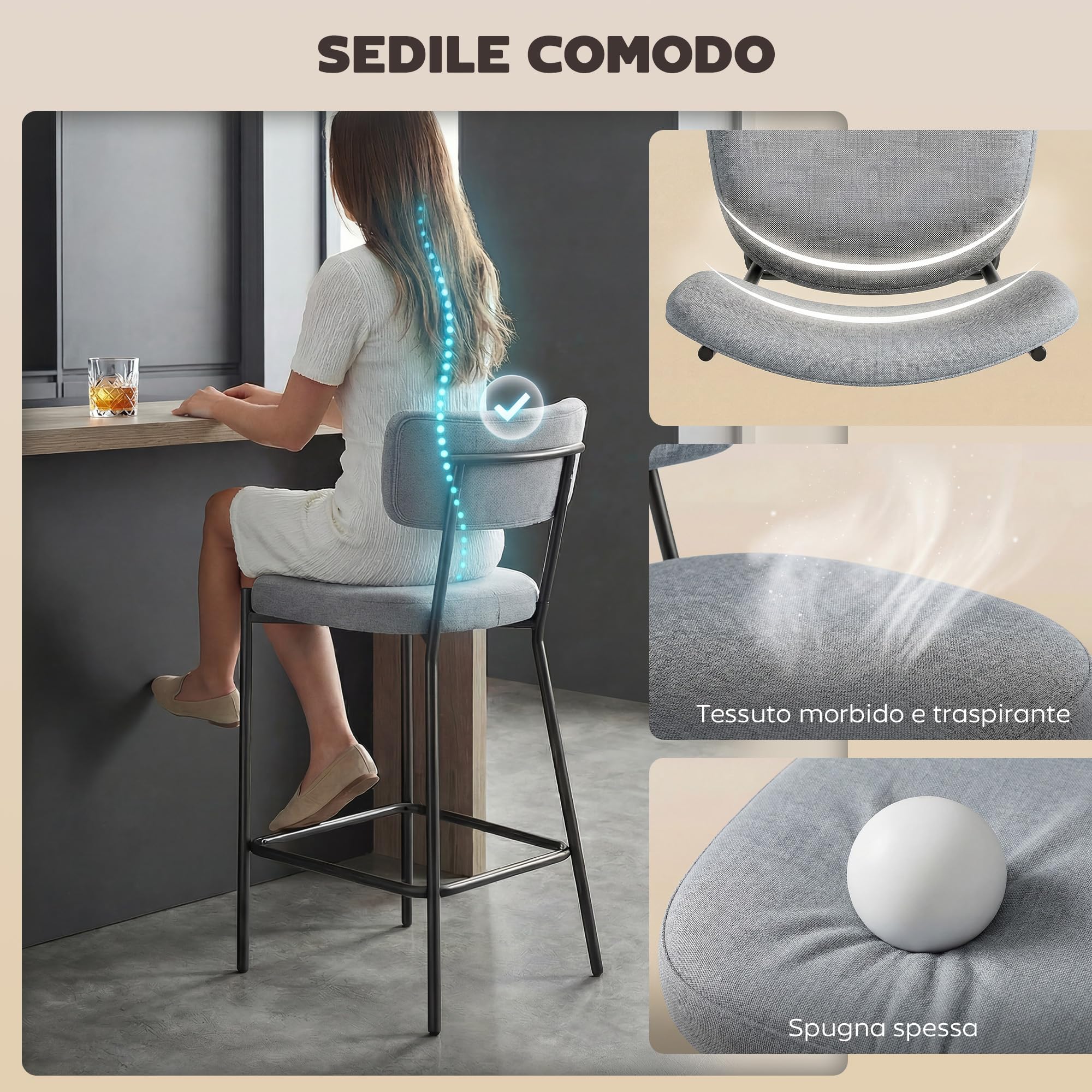 HOMCOM Set di 2 Sgabelli da Bar con Schienale Imbottiti Grigio Chiaro