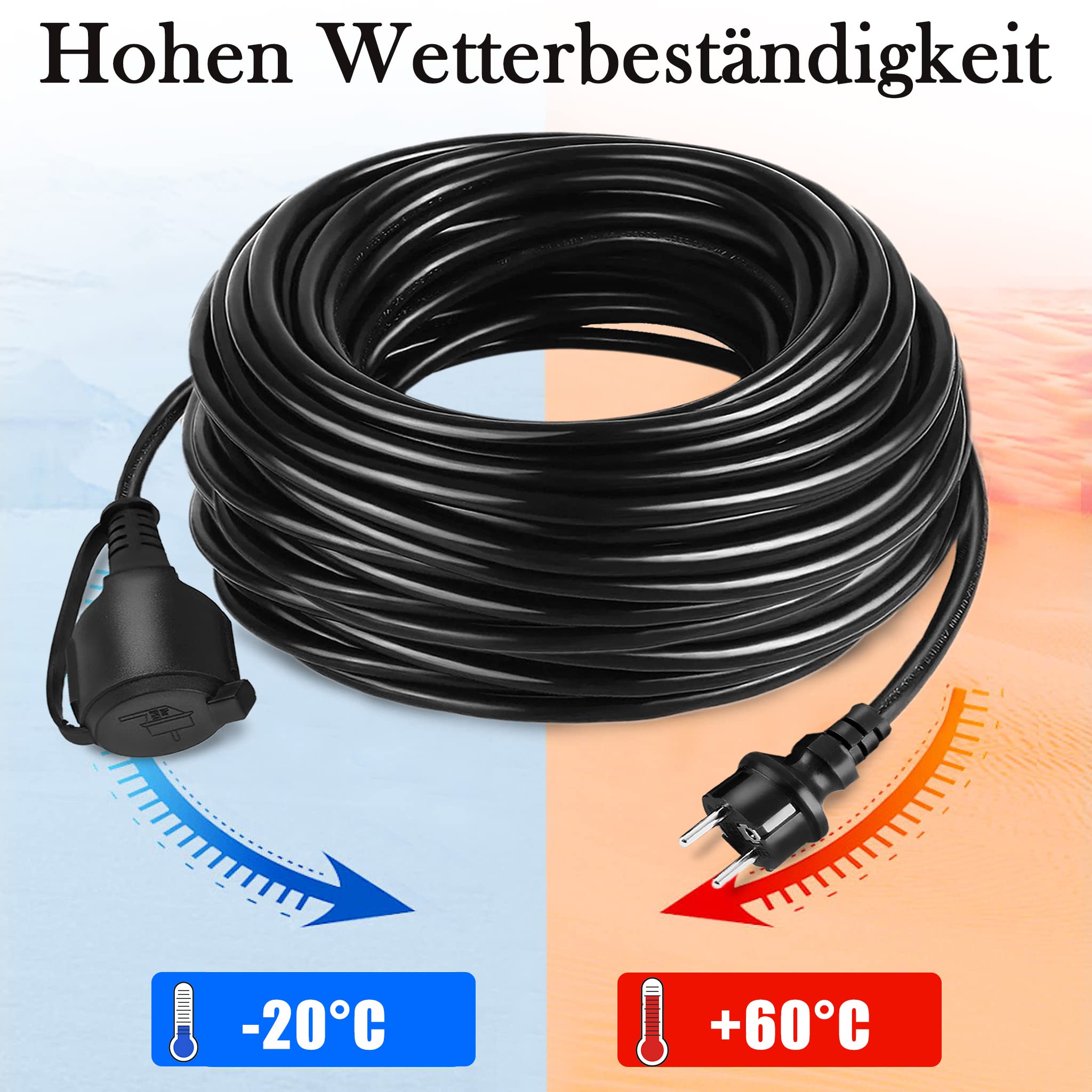 Aufun Verlängerungskabel 20m mit Schutzkappe Outdoor, Einsatz für den Außenbereichm, Verlängerung Stromkabel 3500W, 230 V IP44 mit Schuko Stecker, Schutzkontakt Baustellenkabel (20m)