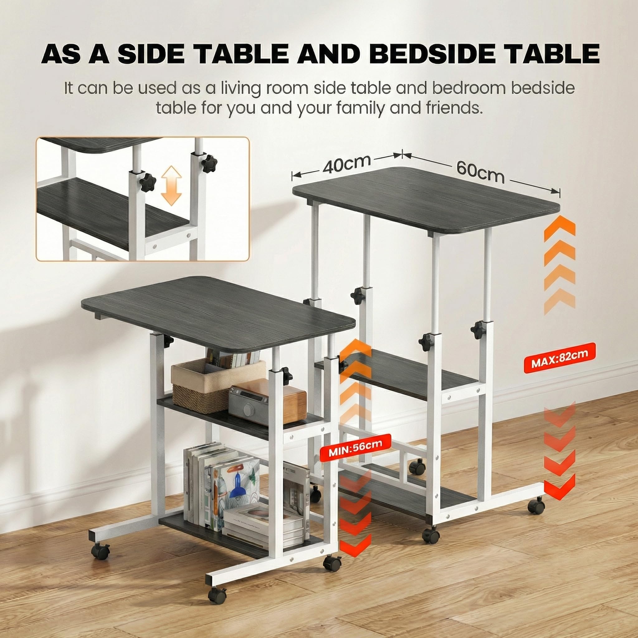 Huracan Bureau Informatique Mobile Réglable en Hauteur 56–82 cm, Table d’Ordinateur 80 x 40 cm avec 3 Niveaux de Rangement, 4 roulettes Verrouillables, Table d’Appoint pour Lit, Canapé – Noir Brossé