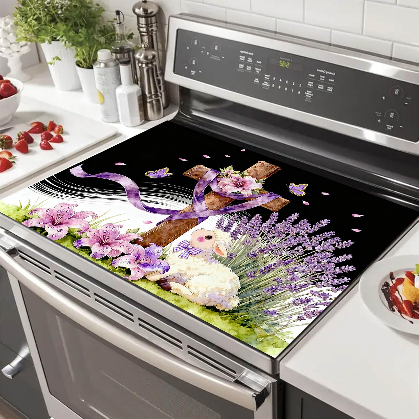 HOMETITUTE Easter Stove Top Cover 28x20 Cross Lamb Lily Heat Resistant