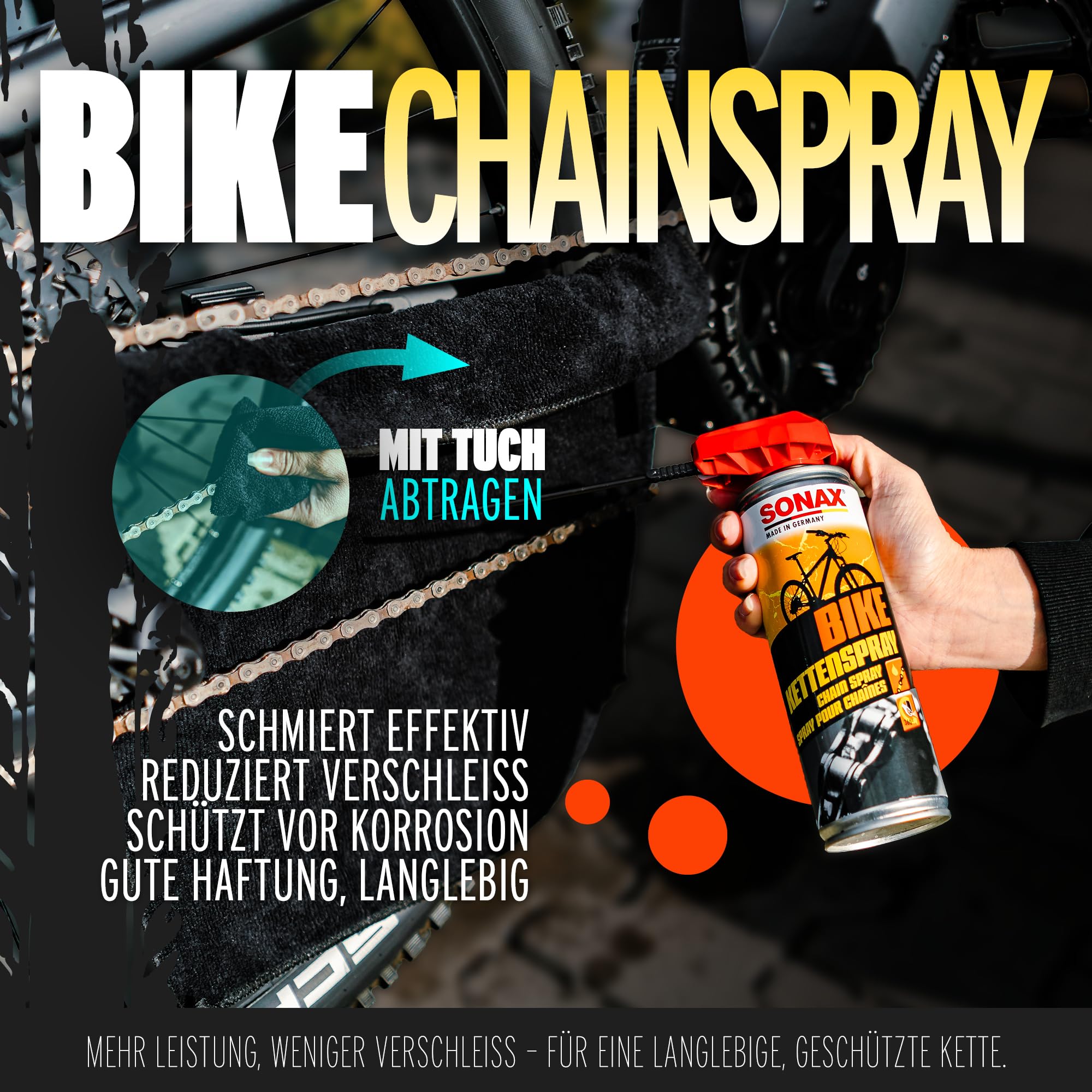 Sonax Bike Cleaner Kit de nettoyage pour vélo 1 l + spray de chaîne + brosse à chaîne + gant de lavage + chiffon sec | Kit d'entretien pour vélo électrique, VTT, vélo de route