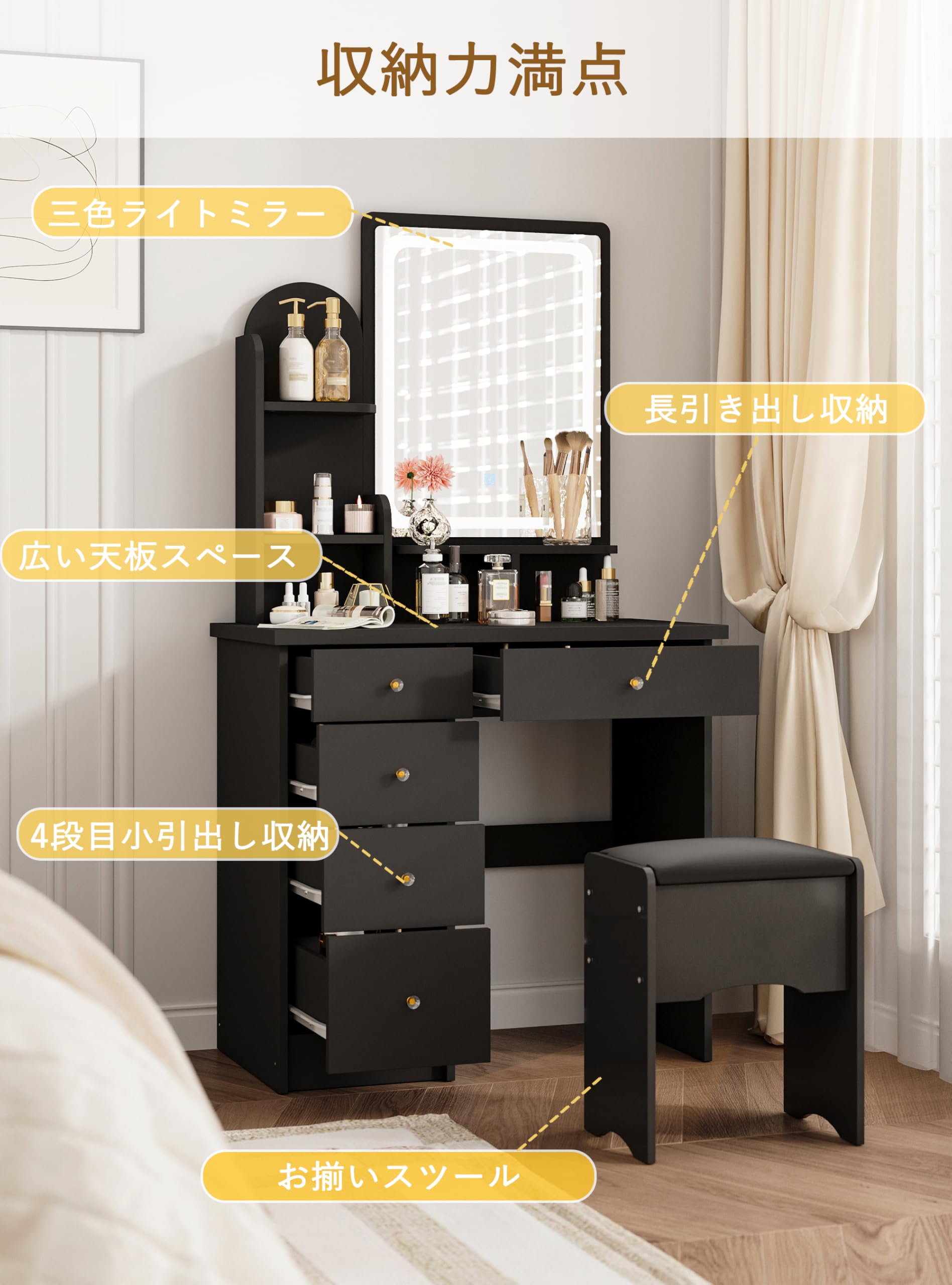 Amazon｜Timechee ドレッサー セット コンパクト ミラー 幅80×奥行40