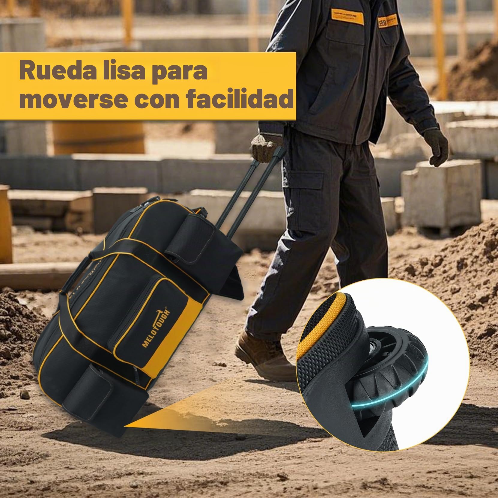 MELOTOUGH Bolsa de herramientas rodante con ruedas, organizador de bolsas de herramientas de gran capacidad con asa telescópica oculta para electricistas, construcción, HVAC, técnicos (amarillo/negro)