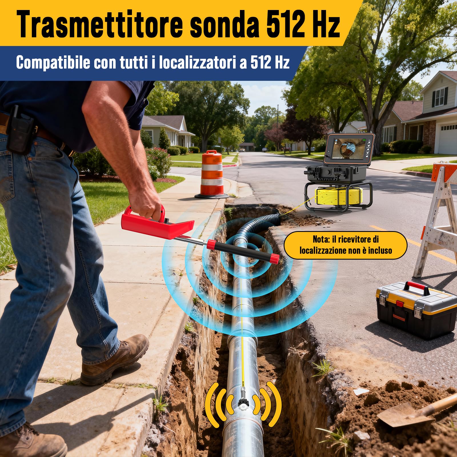 Telecamera Ispezione Tubi Con Sonda 512Hz E Funzione Auto-Livellante 1080P, Cavo Con Segni Metrici, Schermo IPS HD da 9 Pollici, DVR 32GB, Batteria 5100mAh, Impermeabile IP68 (30M)