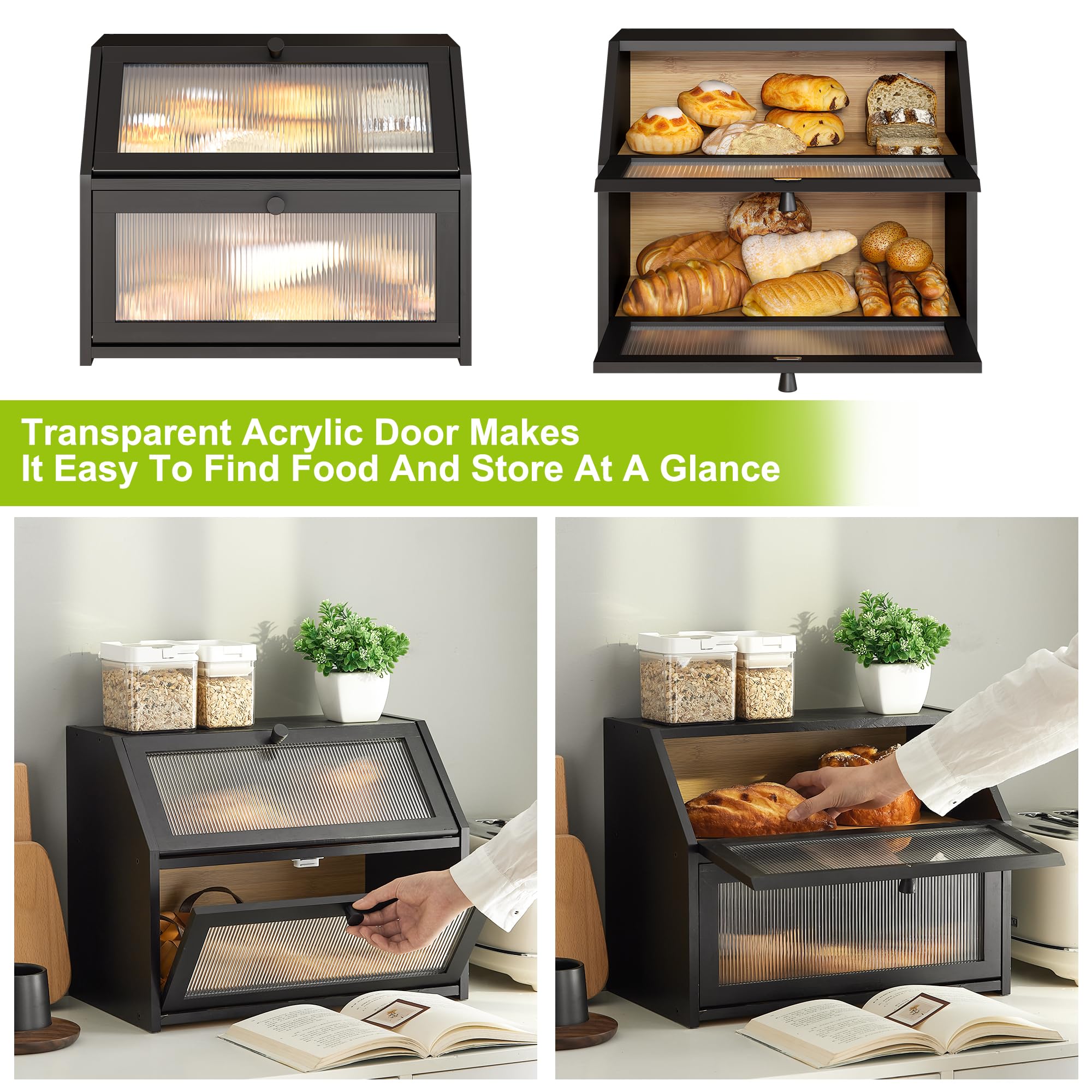 BMOSU Bread Box for Kitchen Bread Storage Organizer Farmhouse Countertop Bread With Frosted Window Breadbox Double Layer Bamboo Wooden Extra Large Capacity Bin Kitchen Food Storage Container(Black)
