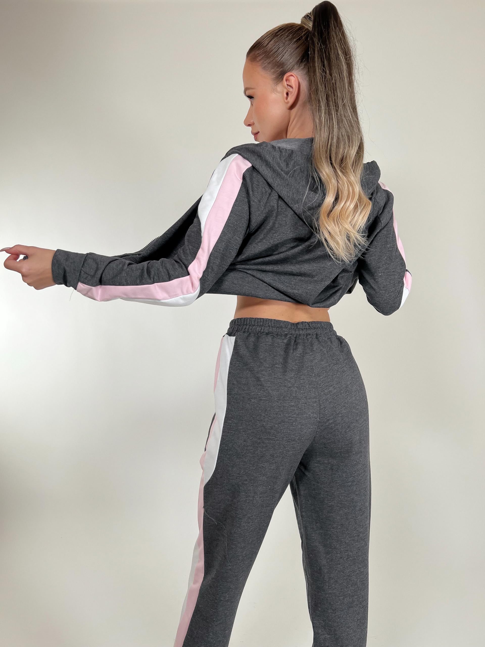 Litherday Jogginganzug Damen Lang Freizeitanzug Baumwolle Trainingsanzug Damen Streifen Sportanzug Fitnessanzug mit Taschen