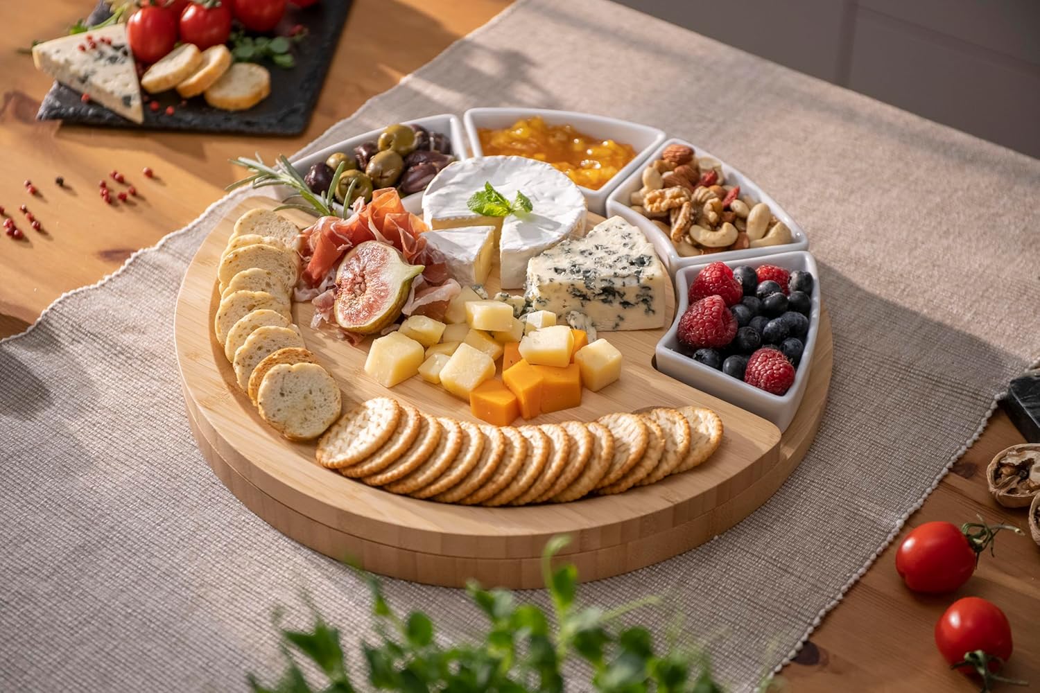 ChefSofi Charcuterie Board Set and Cheese Serving Platter - Made from Bamboo Wood - US Patented 13 inch Cheese Board and Knife Set for Entertaining and Serving - 4 Knives and 4 Bowls - Image 4