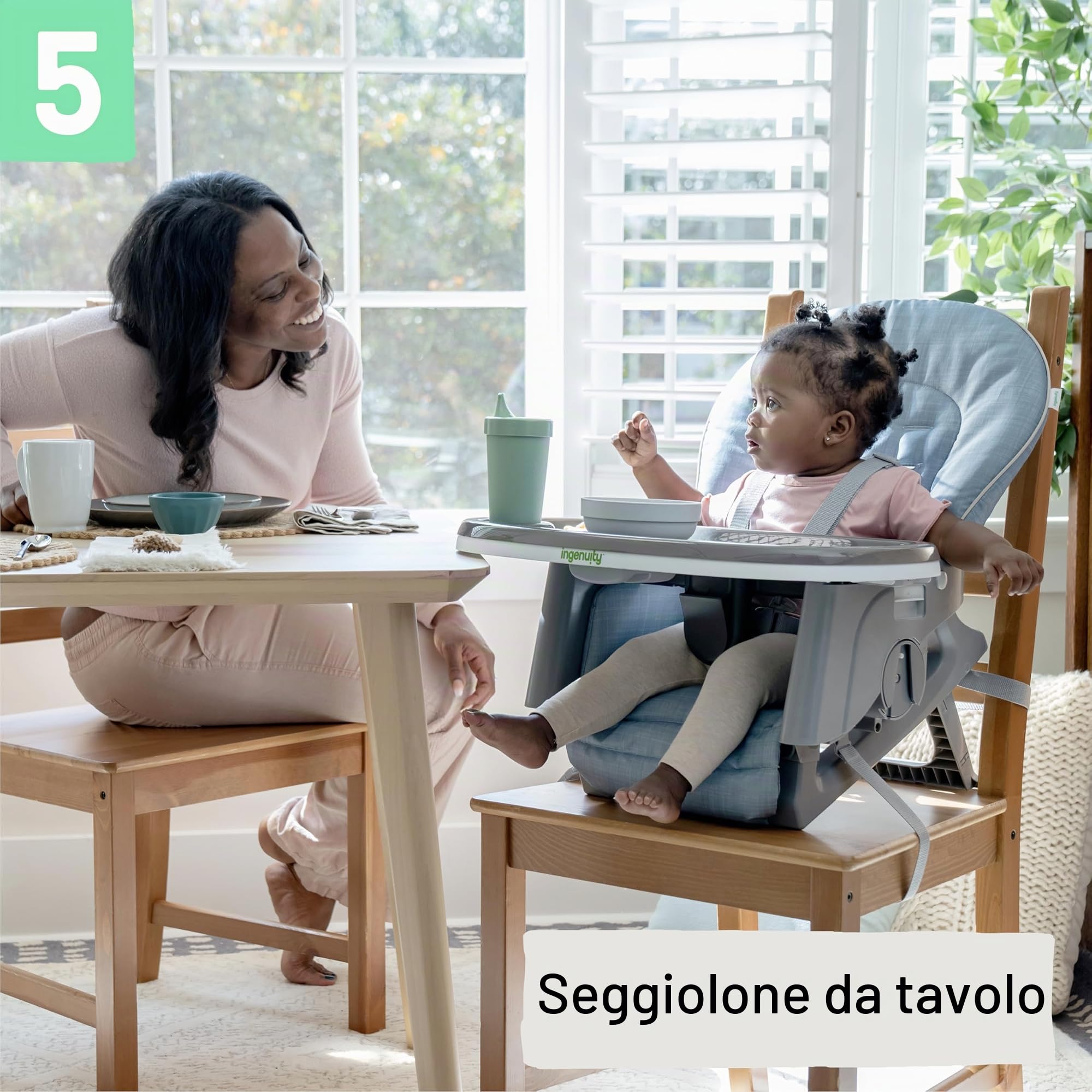 Ingenuity, Seggiolone Proper Positioner Deluxe, seggiolone convertibile 7 in 1, gambe stampate in finto legno, unisex, 0-36 mesi