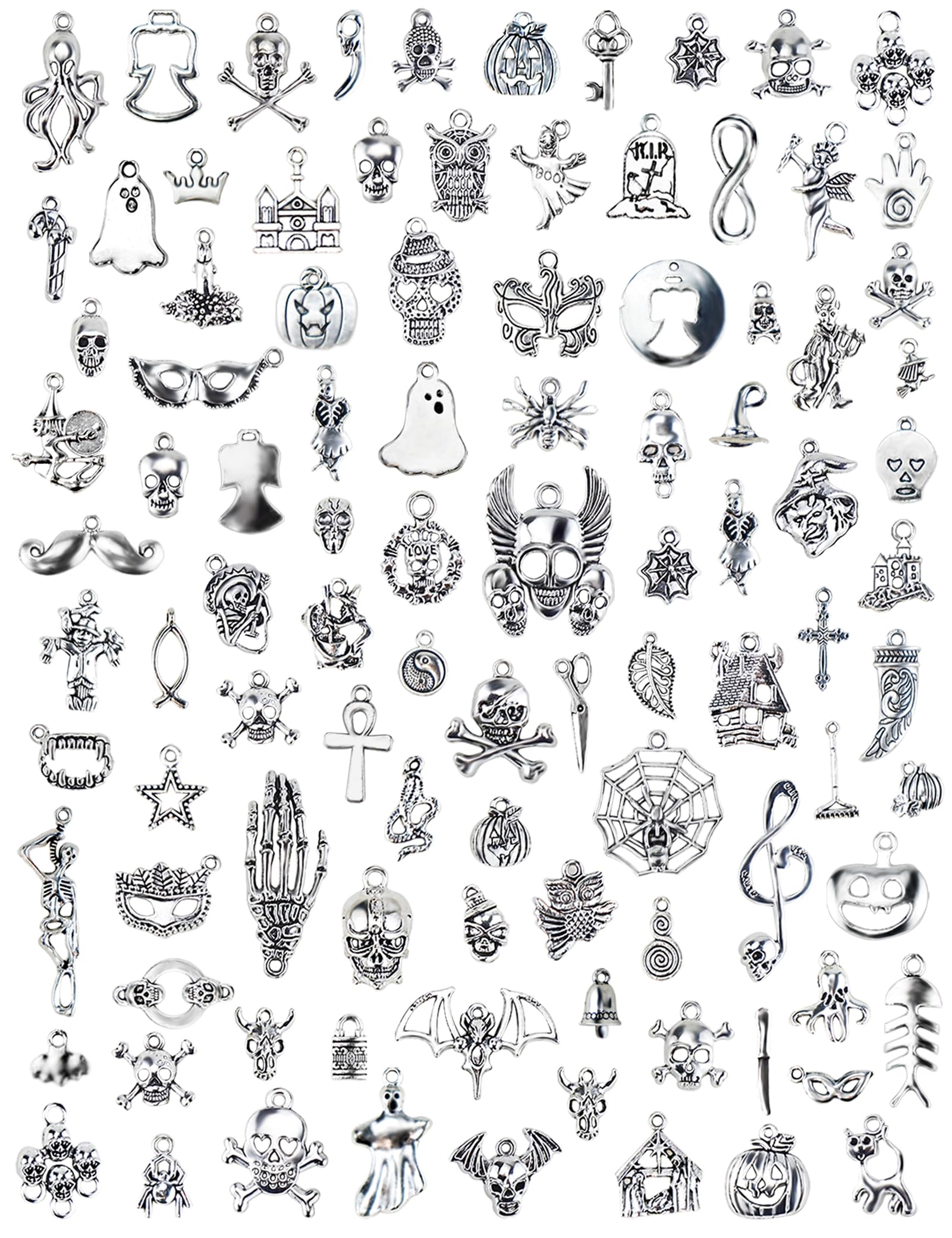 JIALEEY Wholesale Bulk Lots Hallowmas Skull Skeleton Charms Mixed Silver Plated Halloween Mask Charms Pendants DIY for Jewelry Making and Crafting, 100 PCS Hallowmas Style