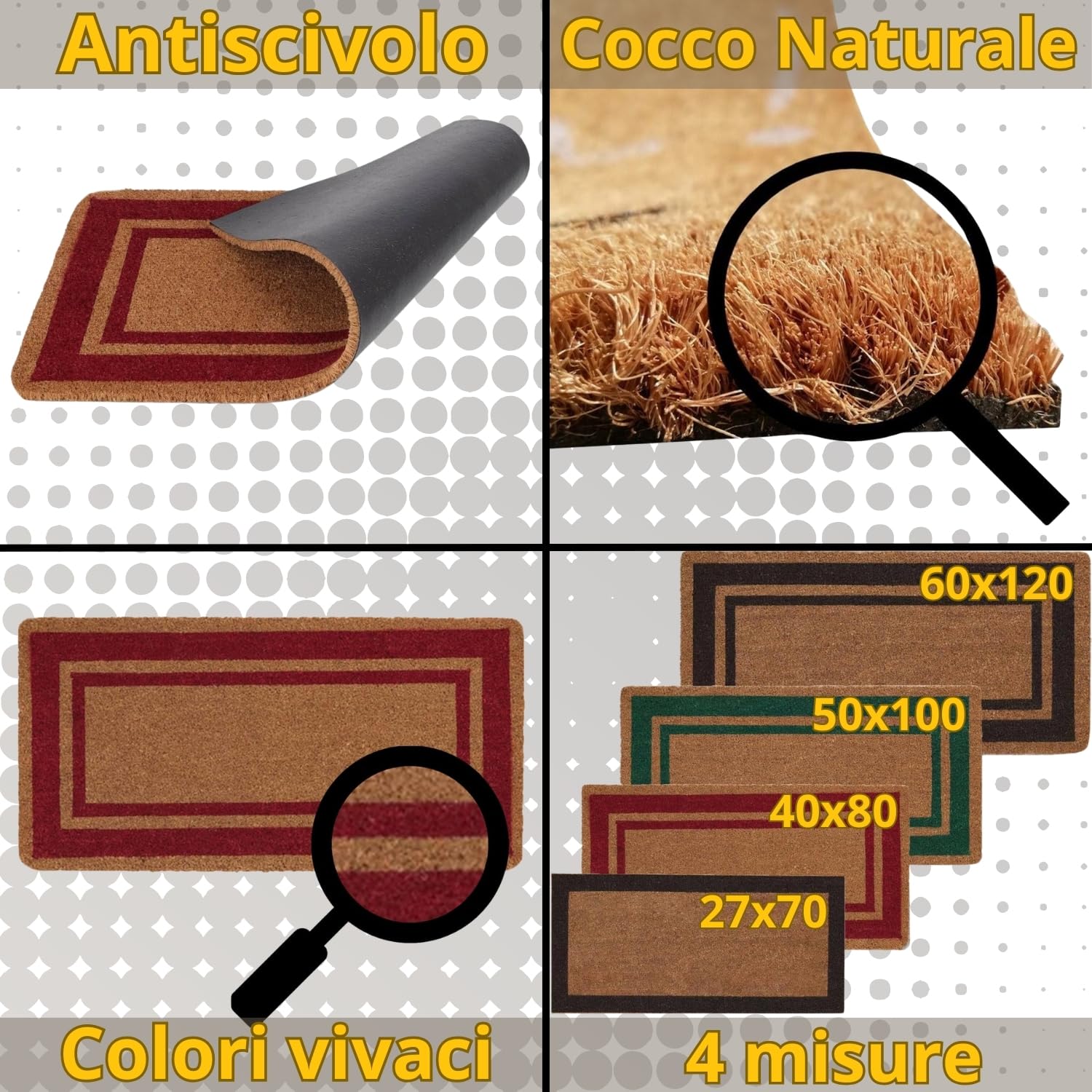 parpyon® Zerbino ingresso casa esterno Classico CM 40X80 in Cocco Naturale con fondo ANTISCIVOLO Tappeto entrata per esterno ed interno tappeti moderni (CM 40X80, Bordo-2R)
