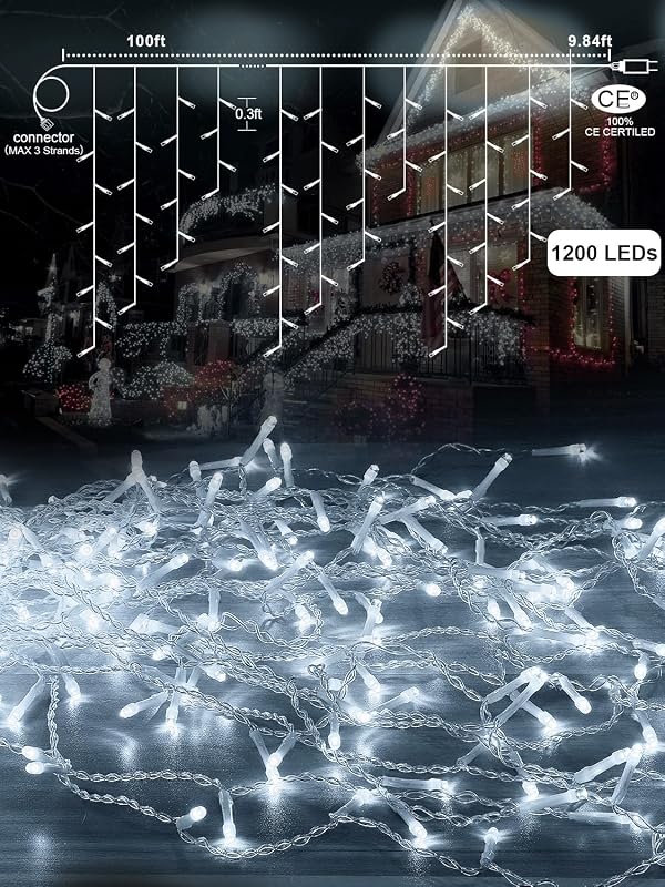 ARKOCHIC Jégcsap Fényfüzér 30m 1200 LED IP65 Vízálló - 8 Világítási Mód Kültéri-Beltéri Használatra, Karácsonyra, Esküvőre, Erkélyre, Hideg