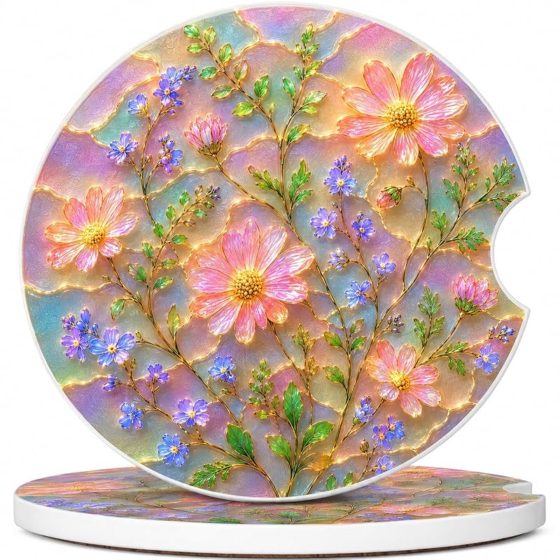 Porta-Copos Automotivo de Cerâmica Absorvente com Fundo de Cortiça Xqnthit, Estampa Floral Ceramic Glass flower2, Kit com 2 peças