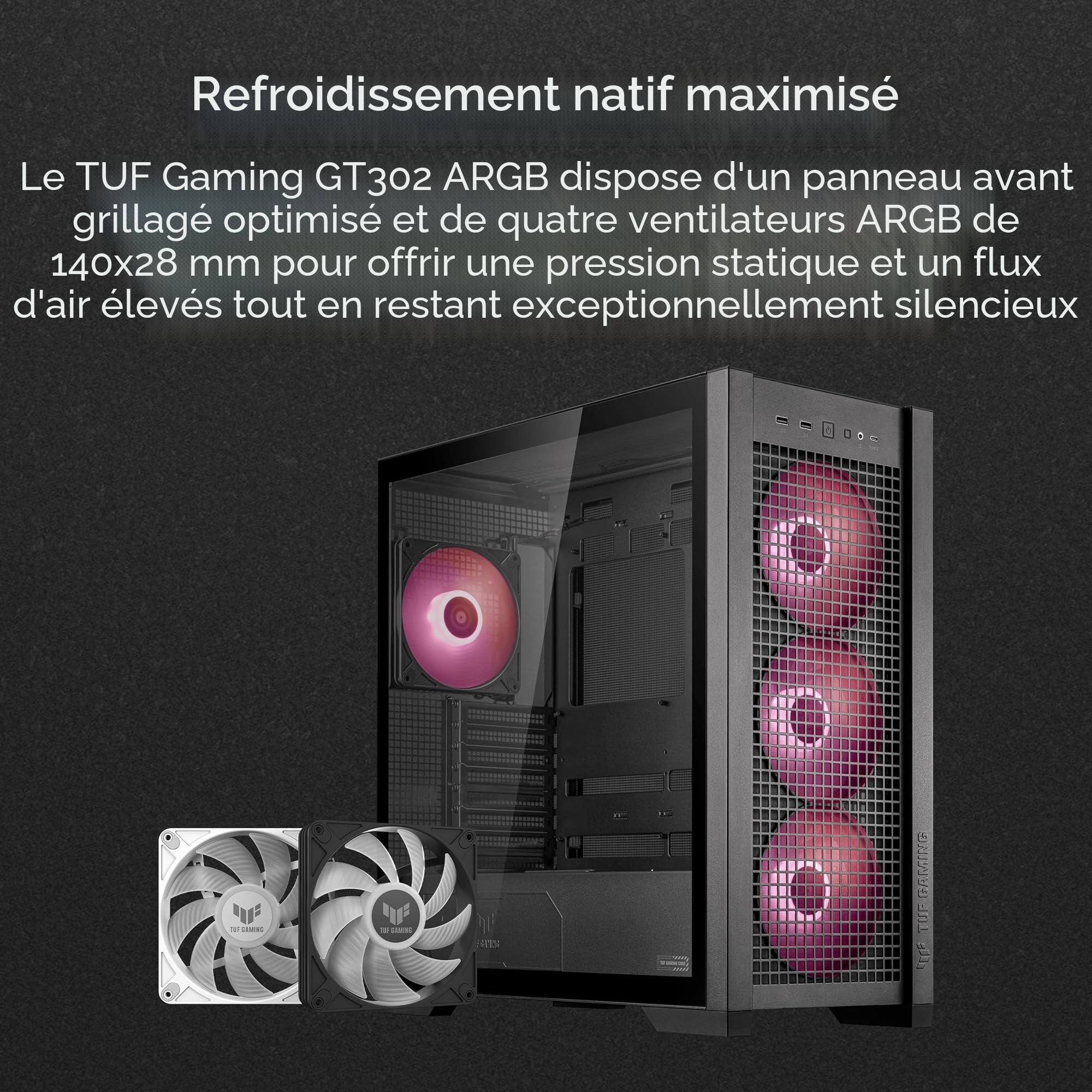 ASUS TUF Gaming GT302 ARGB ATX Mid-Tower Case Black - Four 140 x 28 mm ARGB Fans for High Airflow and Static Pressure, Interchangeable Tempered Glass and Mesh Side Panel, Hidden-Connector MB Support