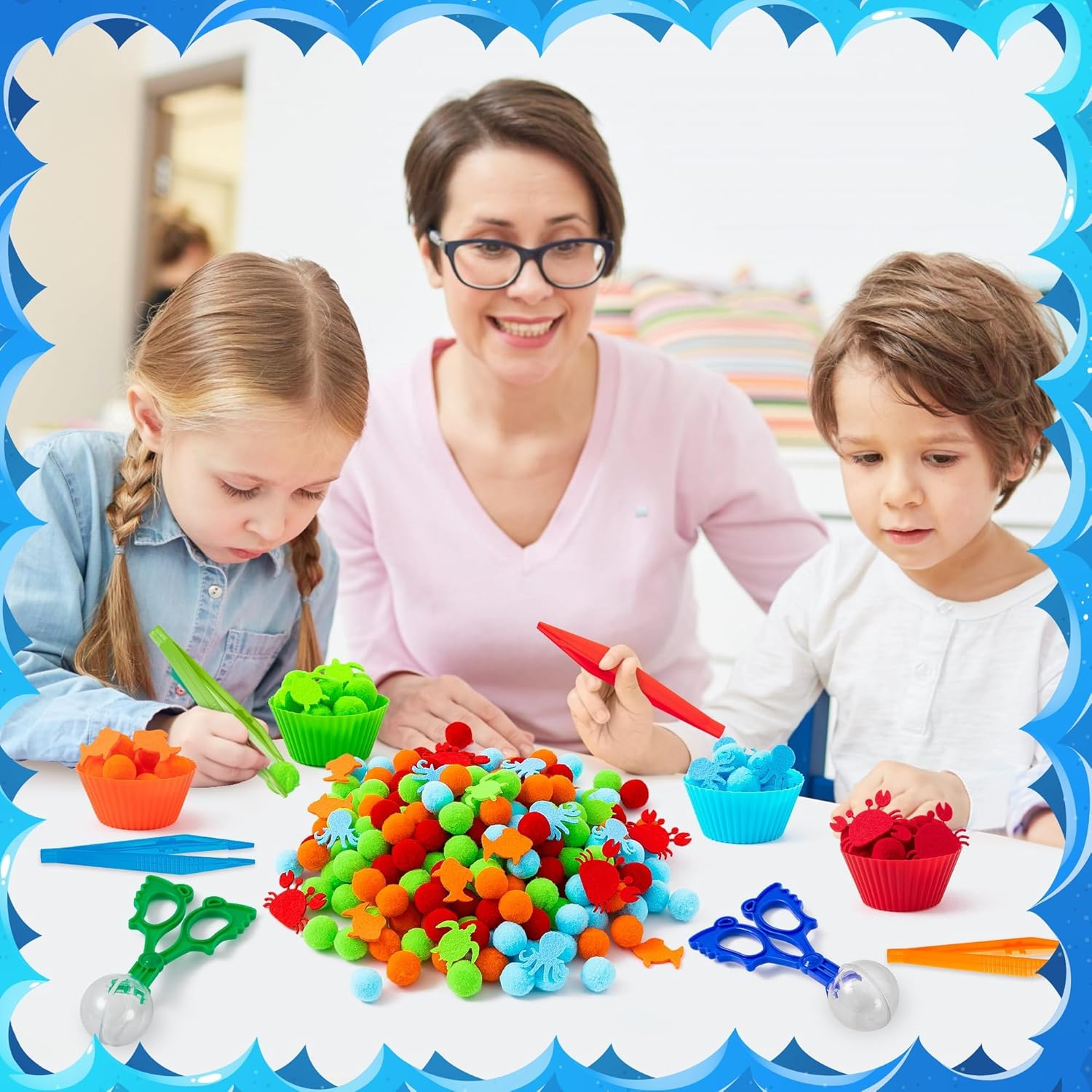 EZdhuawuse Summer Sea Animal Sensory Bin Fillers - 295Pcs Ocean Animal Fine Motor Toys Color Counting Sorting Set for Kids, Felt Octopus Crab Turtle Pom Poms Cup Clip for Preschool Education Training