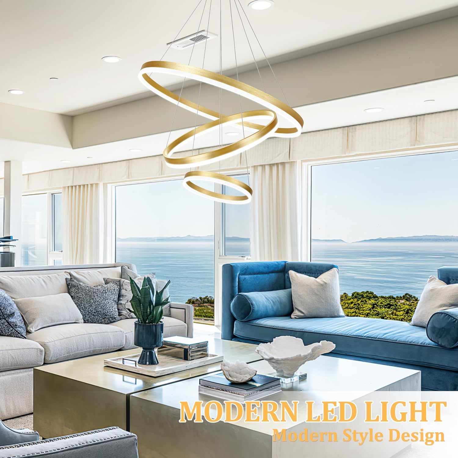 31.5" 3 Ring Modern Led Pendant Light Gold Modern Led Chandelier Contemporary Ring Chandeliers Dimmable Chandeliers Color Temperature Adjustable Height Hanging Chandelier for Living Room