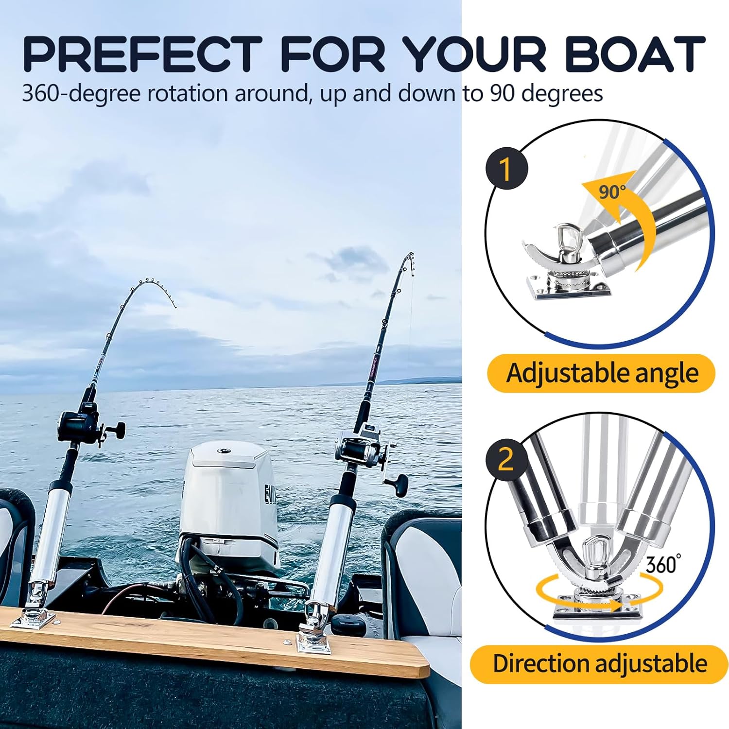 Marinebaby 2Pcs Fishing Rod Holder ,360° Adjustable Rod Outrigger,316 Stainless Steel Fishing Pole Support for Marine Boat Yacht