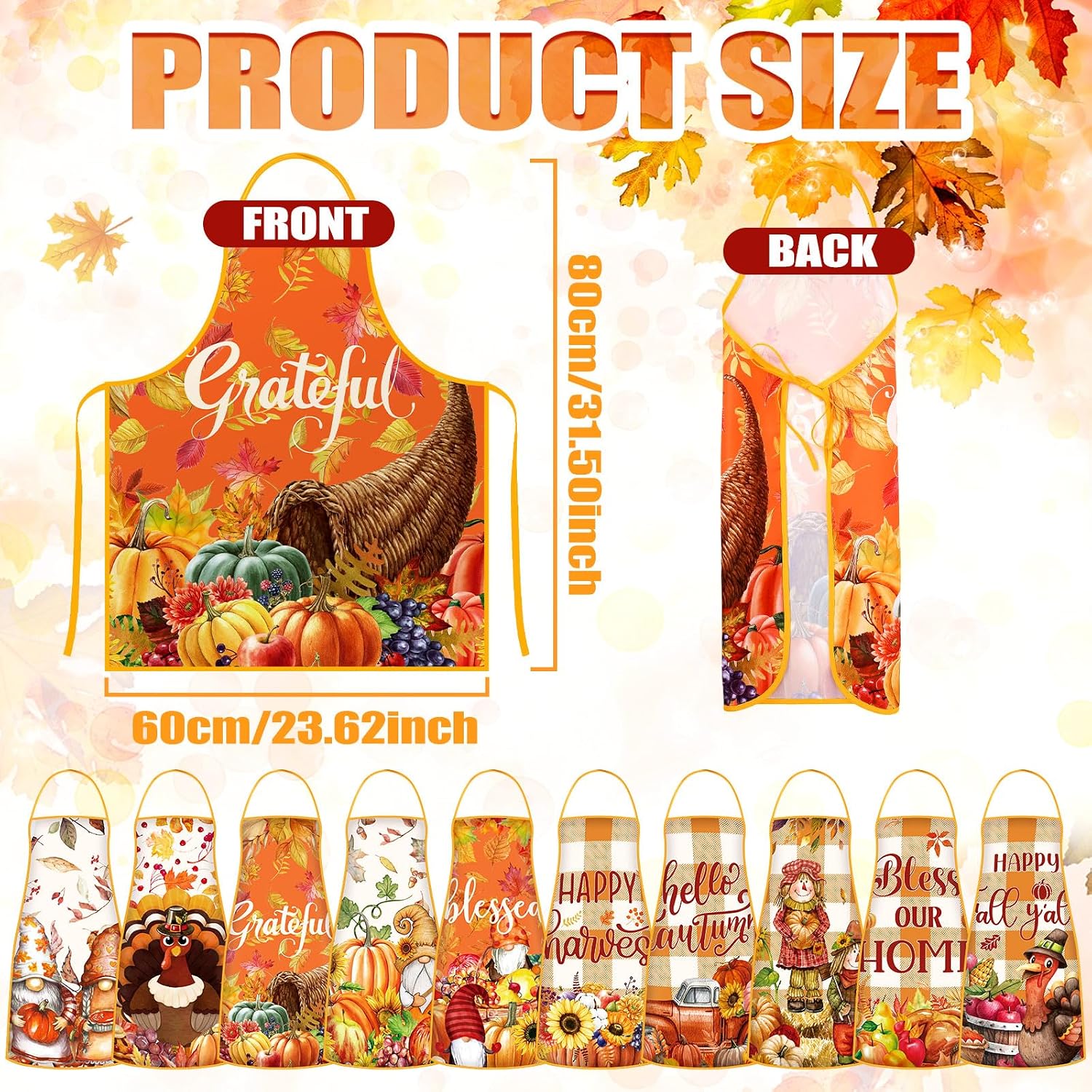Newcotte 10 Pcs Fall Thanksgiving Kitchen Apron Gnomes Pumpkin Aprons Waterproof Cooking Apron with Strap for Women Men
