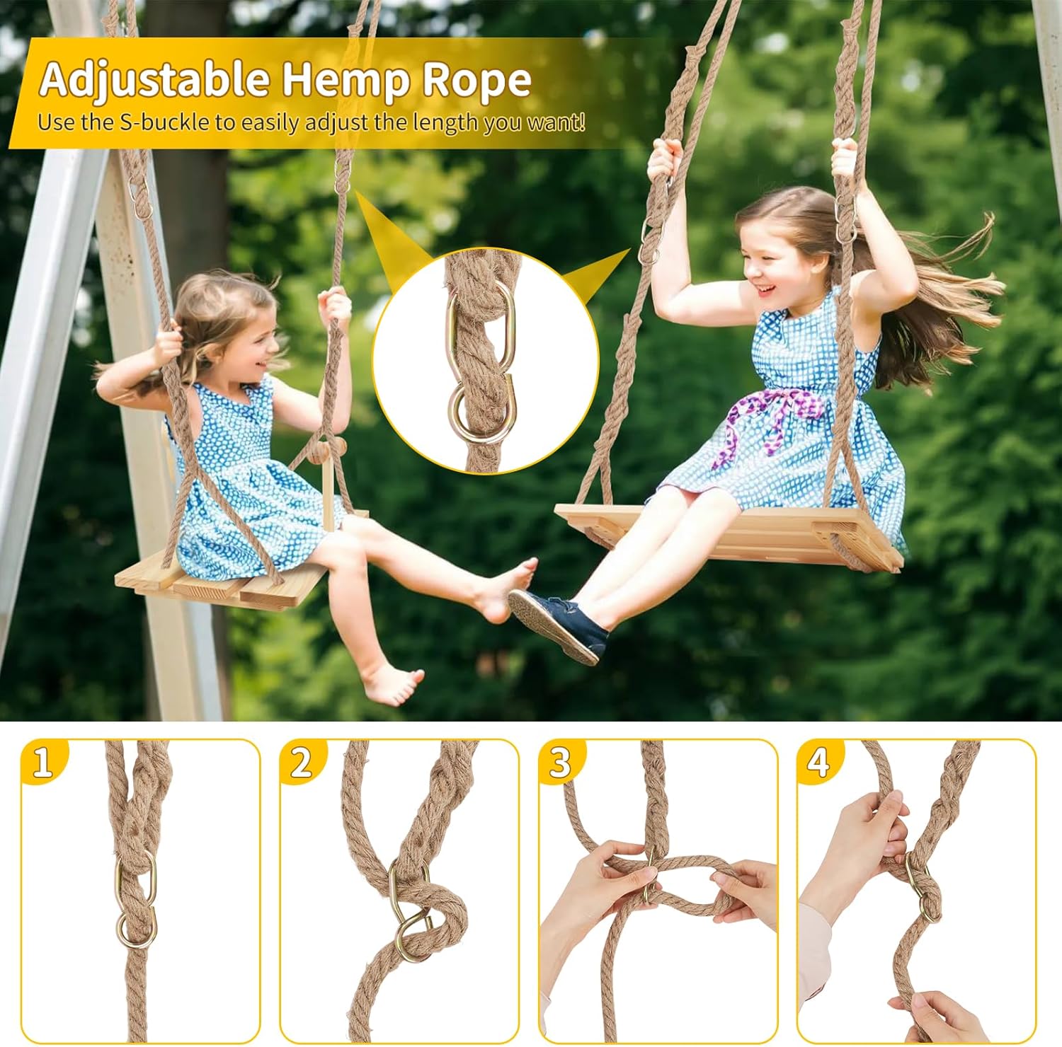 Wooden Tree Swing for Kids Adults, 24"x 12" Indoor Outdoor Hanging Swing Seat with 100 inch Adjustable Rope Straps, 500lbs Load Ceiling Columpio for Doorway Room Playground Backyard Door Frame