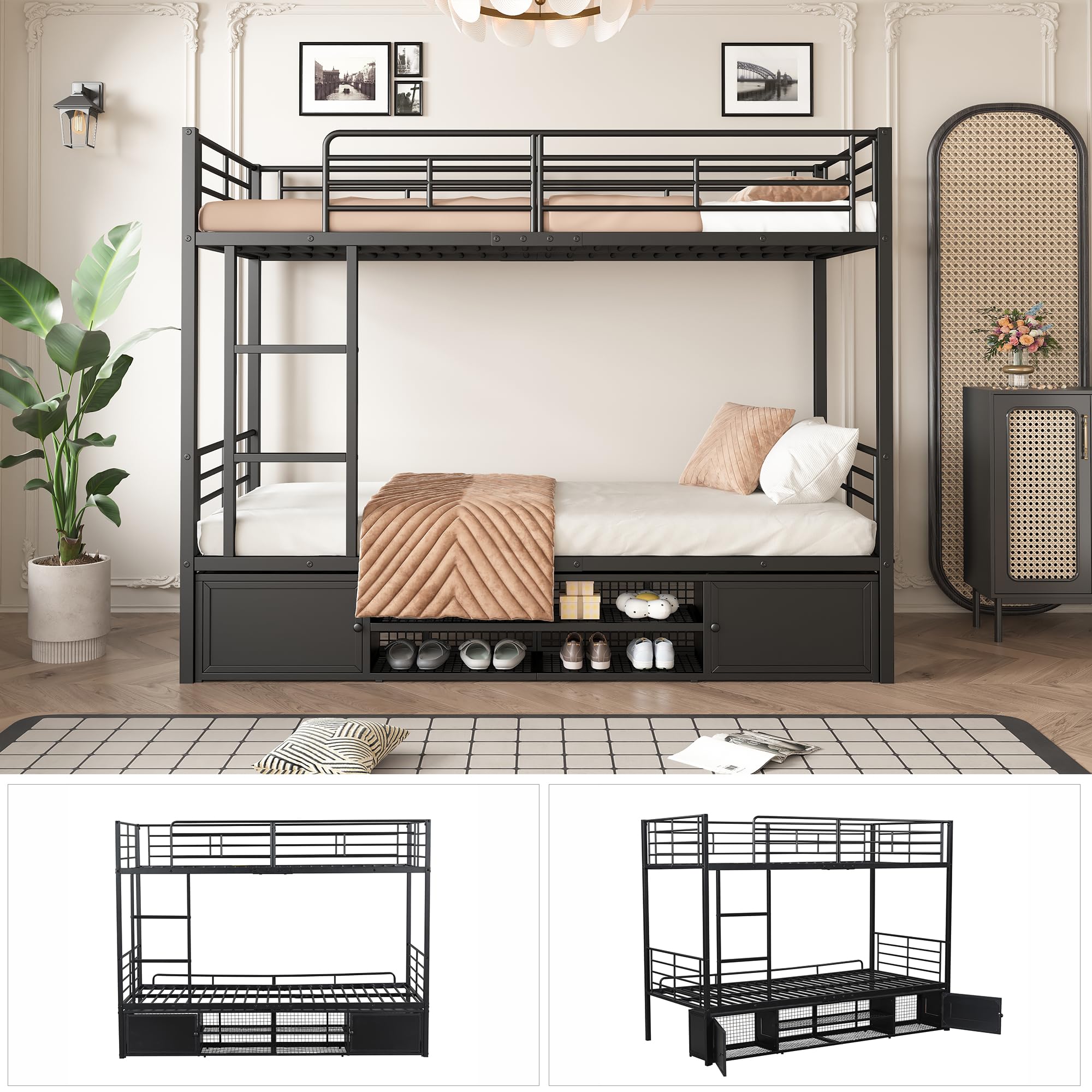 Litera, Cama con Marco de Hierro, Zapatero Abierto, Armario de Almacenamiento pequeño de Doble Puerta, con Escalera Lateral, con Rejilla anticaídas, Color Negro, 90x200cm
