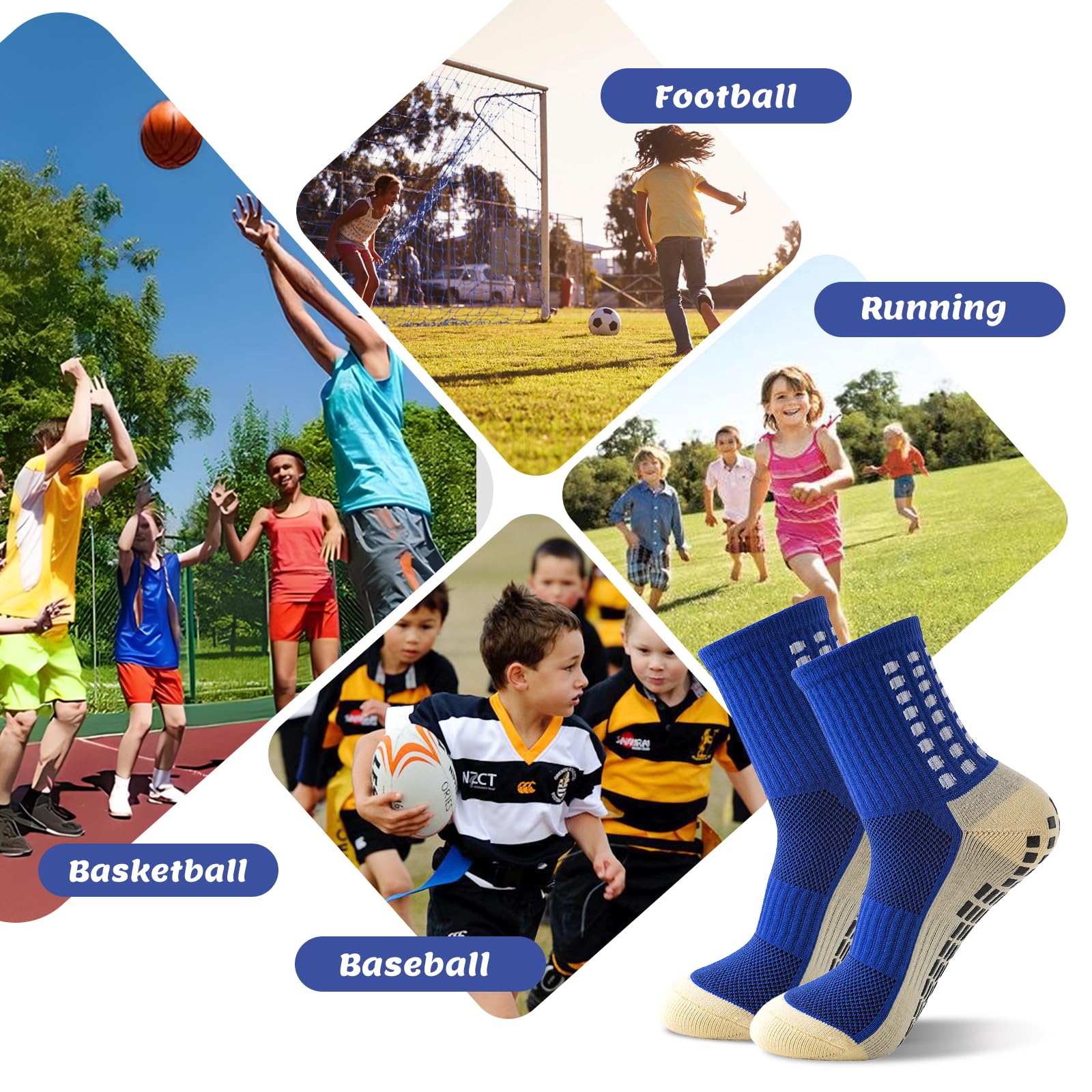 Okdance Grip Football Socks 3 Pairs Grip Soccer Socks for Kids Boy Anti Slip Athletic Socks Non Slip Pads for Basketball Baseball Football Sports Sock, MIX, 6-9 Years 4