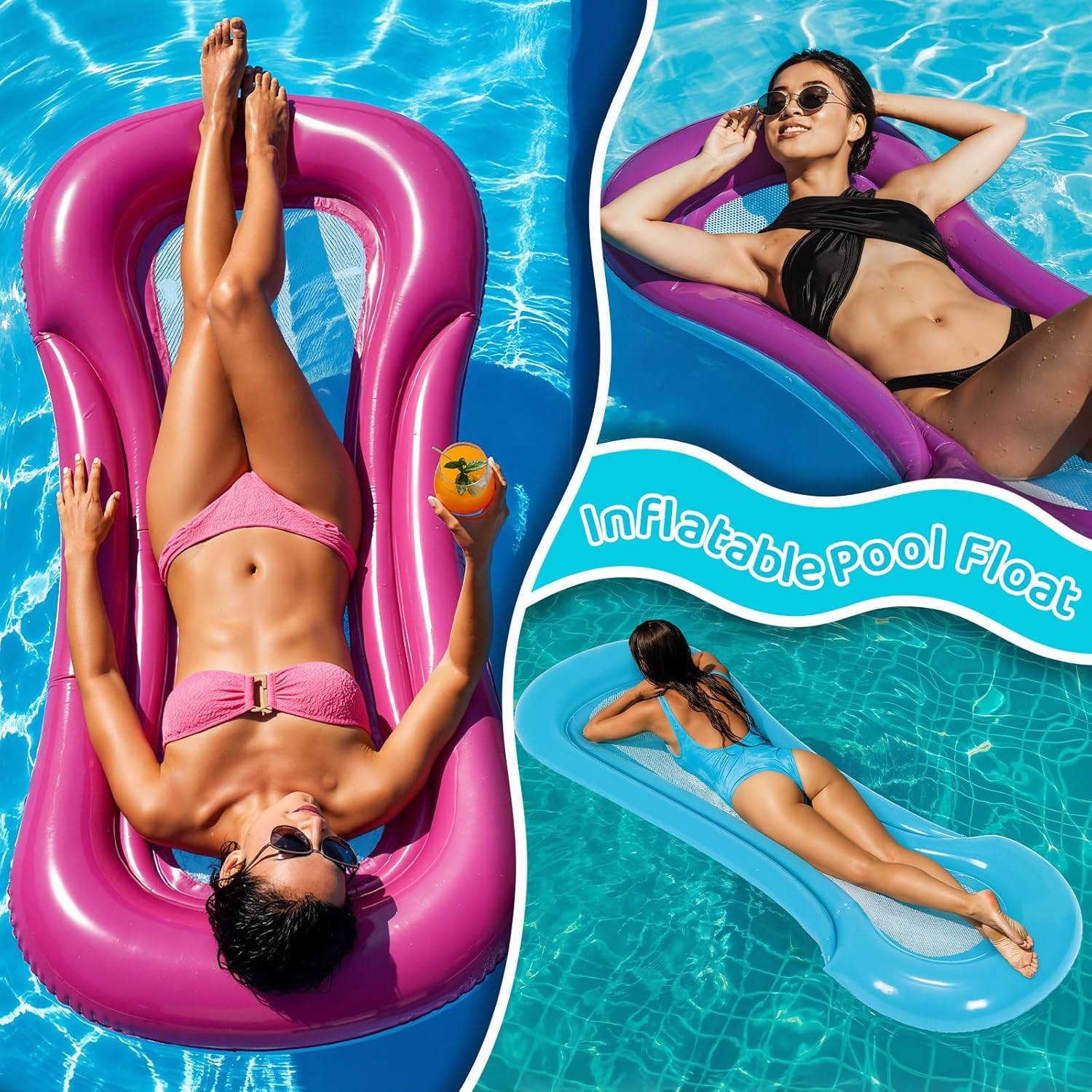Teyva Daily 2 Pcs 2/4/8 Pcs Inflatable Pool Lounger Float Pool Hammock Floats Adult Inflatable Lounge Chair 23 x 62 Inch Comfortable Floating Seat Swimming Pools Beach Relaxation Favor, Purple, Blue