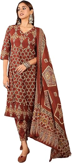 INDO ERA Women Pure Cotton Kurta Set with Dupatta | Festive Suit Set, 11630