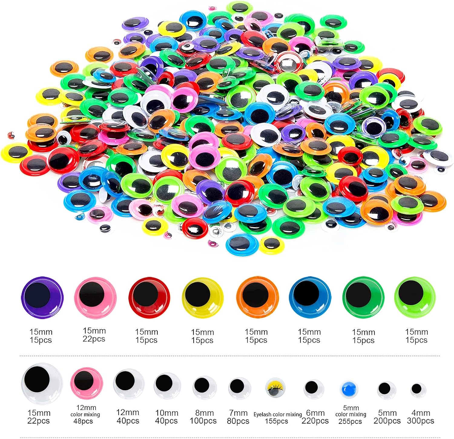 1580pcs Googly Eyes Self Adhesive for Crafts, Craft Sticker Wiggle Eyes with Multi Colored and Sizes for DIY