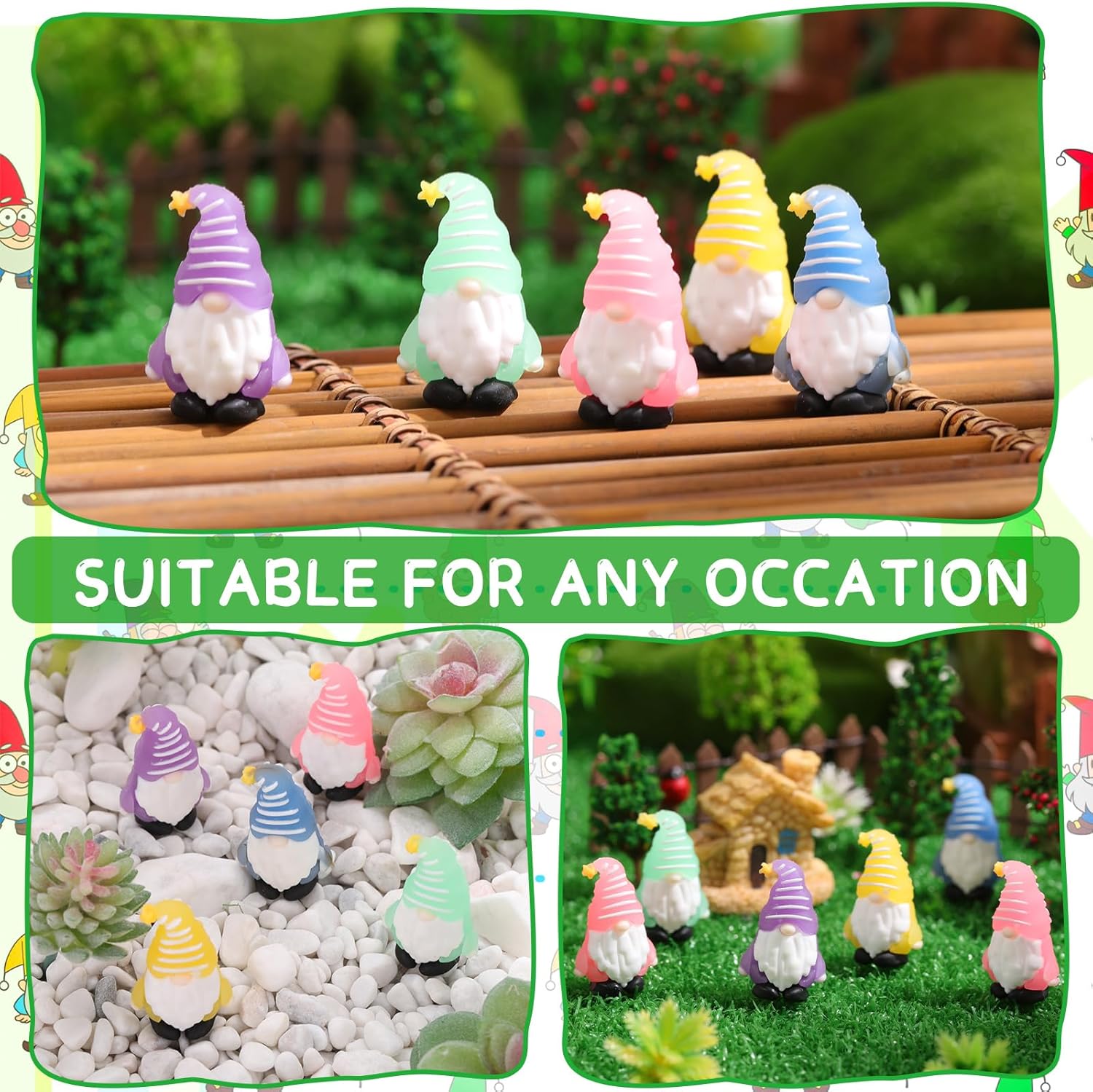 DoubleFill 100 Pcs Mini Gnomes Spring Luminou Tiny Figures Miniature Gnomes Fairy Gifts Statues Tiny Figurines for Landscape Outdoor Patio Yard Garden Accessories Goodie Bag