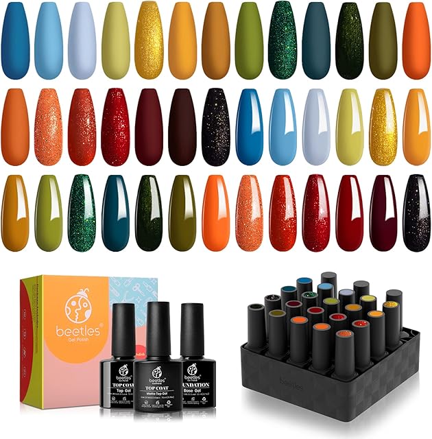 Beetles 23 Pc Fall Winter Gel Nail Polish Set, Yellow Orange Blue Red Green Gel Polish Soak Off UV Nail Lamp Gel Nail Kit with Gel Top Coat Base Coat Christmas Nail Art Manicure Gifts for Women