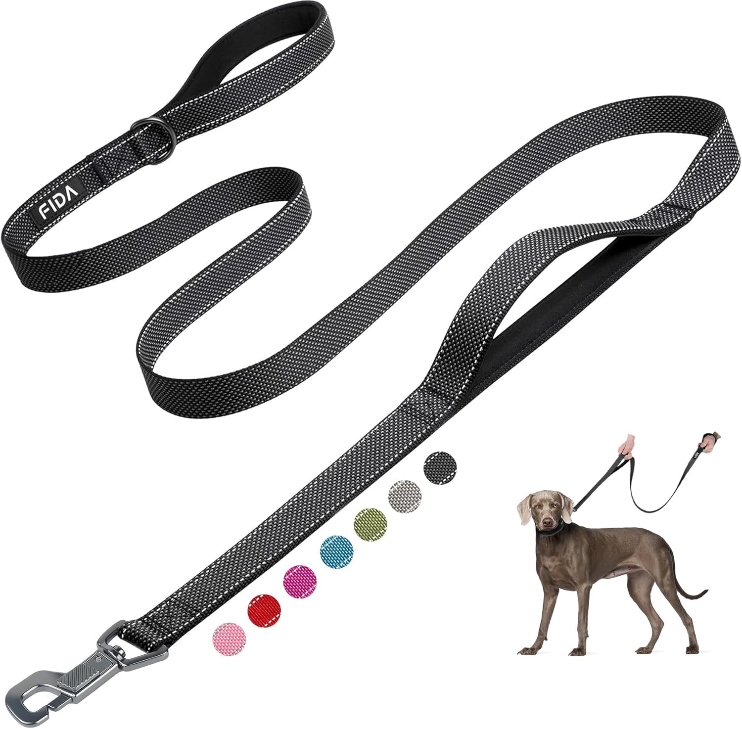 Fida 10ft Heavy Duty Dog Leash with 2 Comfortable Padded Handles, Traffic Handle & Advanced Easy Snap Hook, Reflective Walking Lead for Large, Medium & Small Breed Dogs, Green