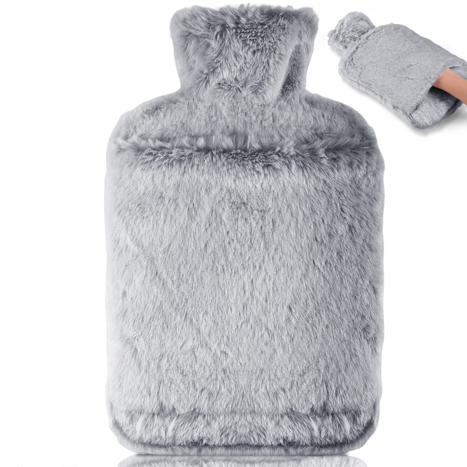 BOLEi Hot Water Bottle with Luxury Cosy Faux Fur Cover,2L Leakproof Large Hot Water Bag for Neck,Shoulder,Hand Feet Warmer,Gifts for Women,Men(Grey)Carbonfree Certified