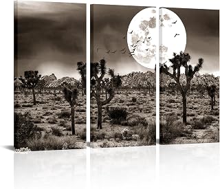RnnJoile Desert Wall Art Canvas Western Pictures Joshua Tree Full Moon Painting Sepia Prints for Home Office Wall Decor Framed 16"x32" Each Piece