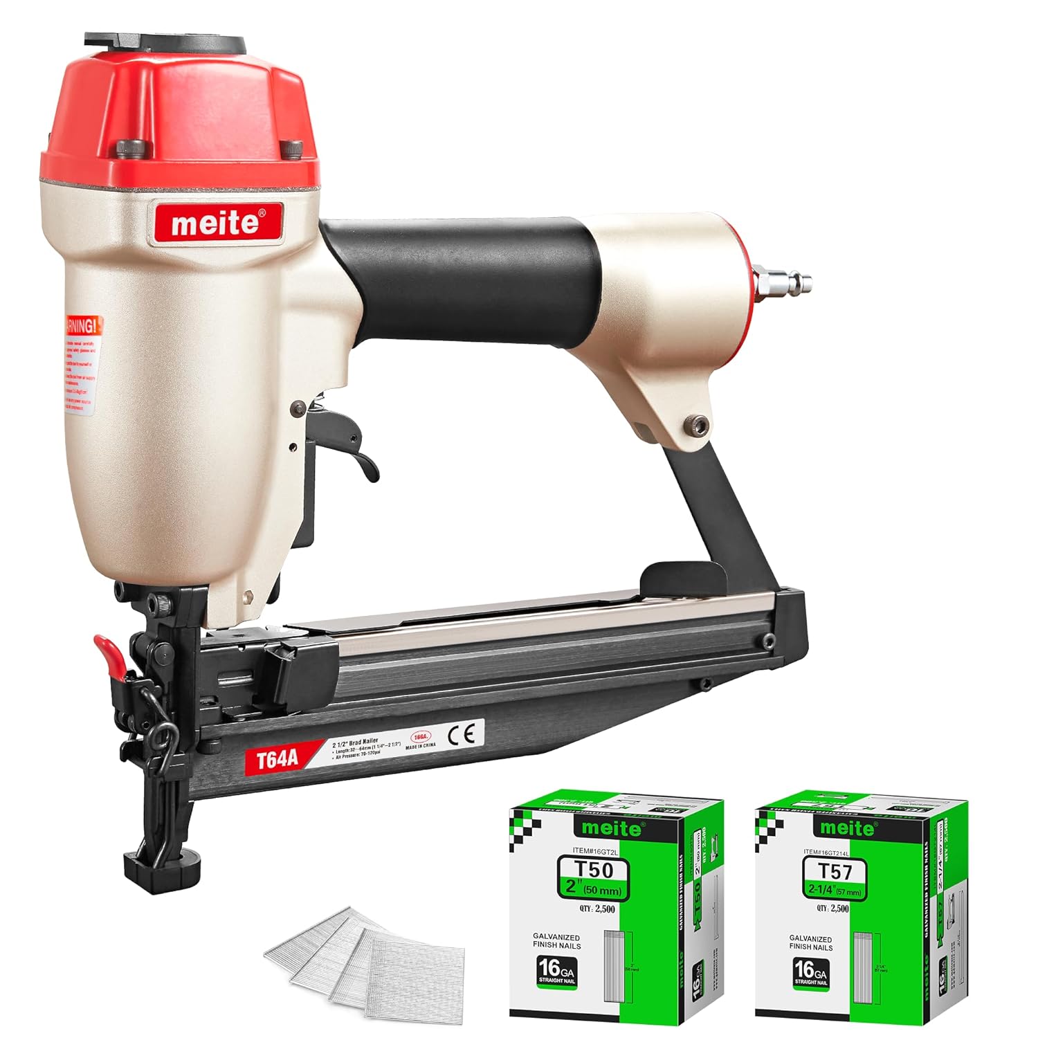 meite T64A 16 Gauge Finish Nailer with 5000PCS Nails (2", 2-1/4"), Pneumatic Finish Nail Gun, Fits 16 Gauge Finish Nails 1-1/4" up to 2-1/2", Safety & Quick Release Nose Finishing Nail Gun