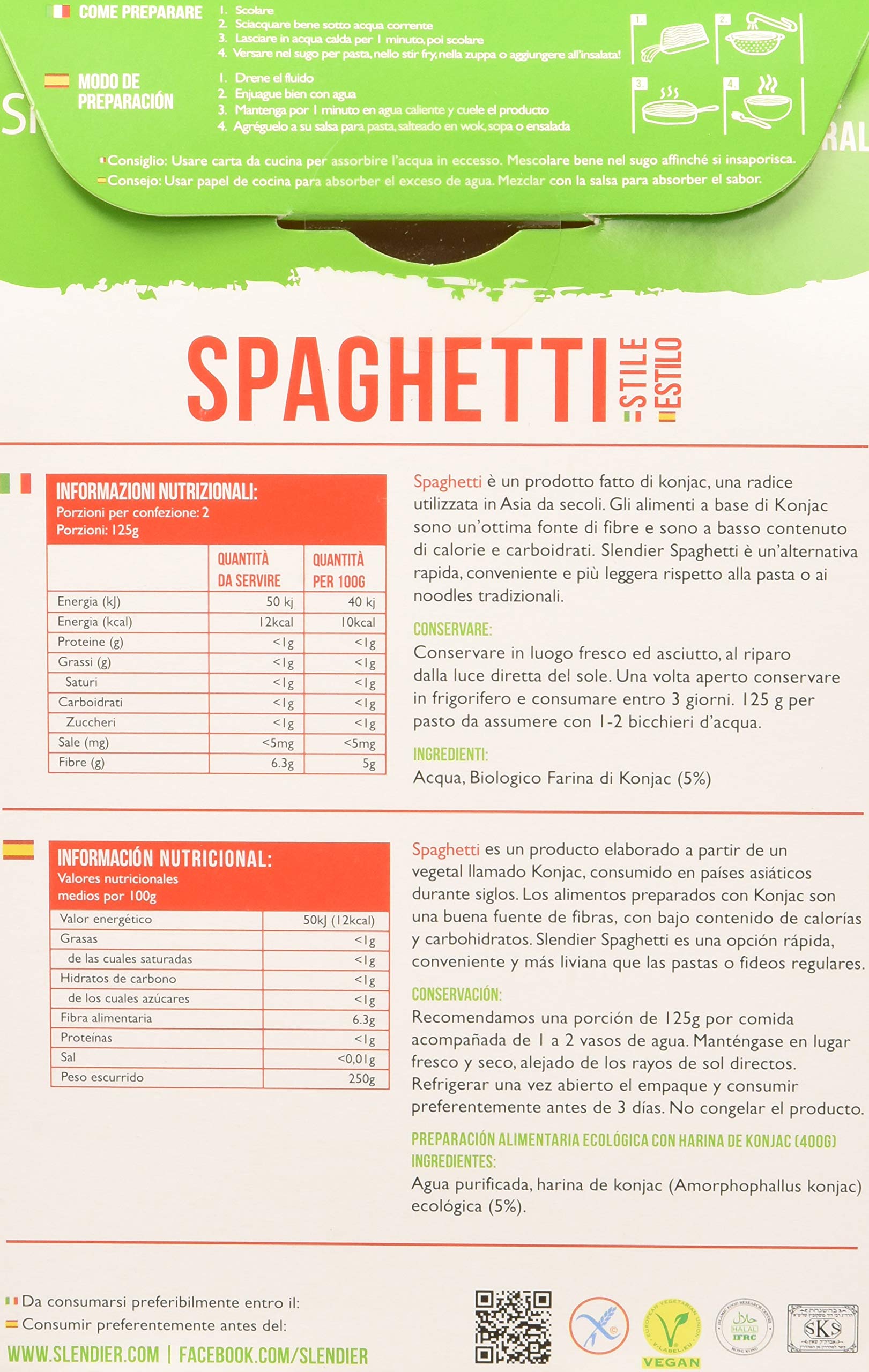 Pasta Konjac Espaguetis sin gluten - pasta hipocalórica - Slendier - 400g BIO (cja 6 uds) Total: 2400g